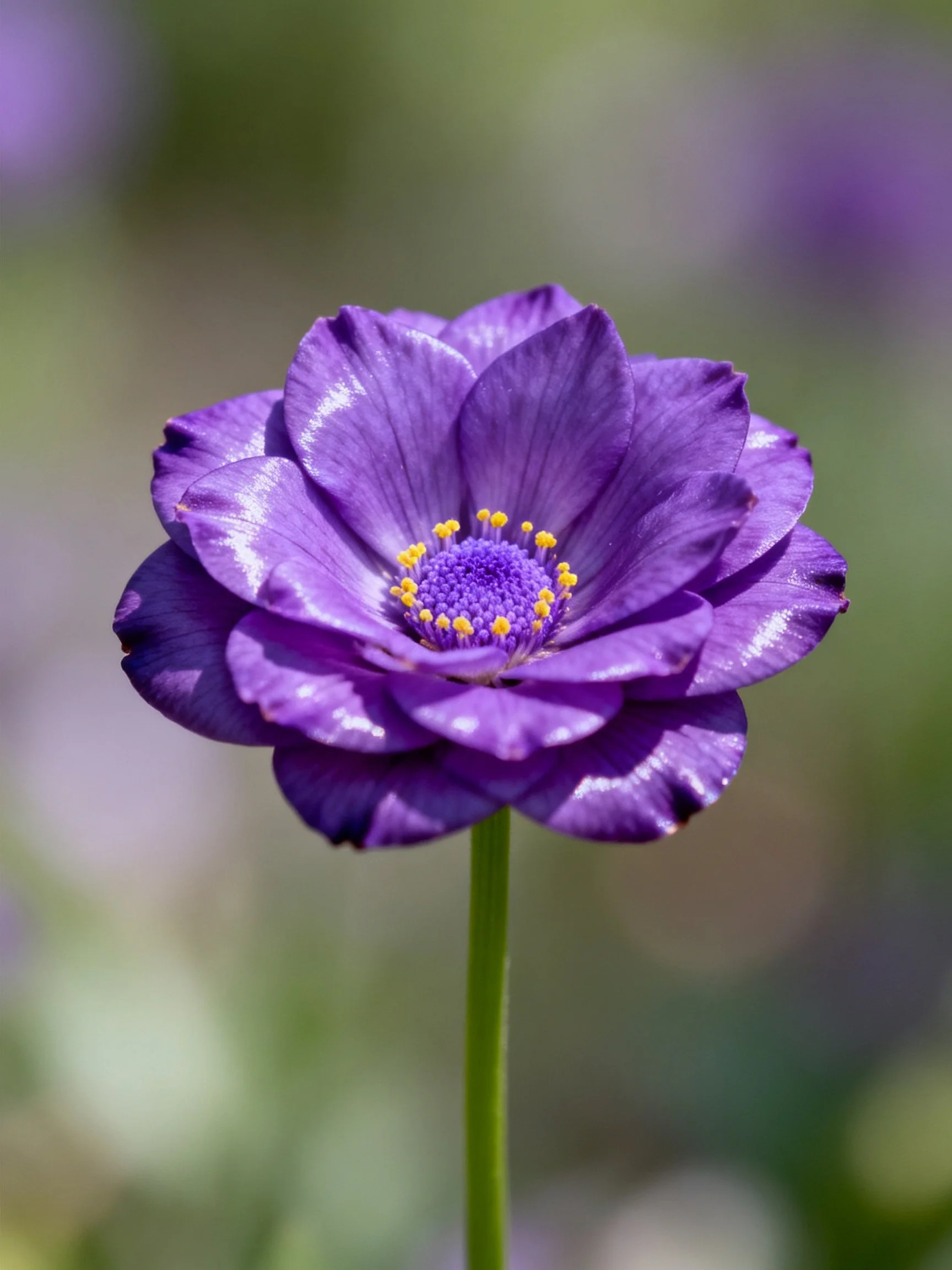A vibrant purple flower with layered petals and a yellow center