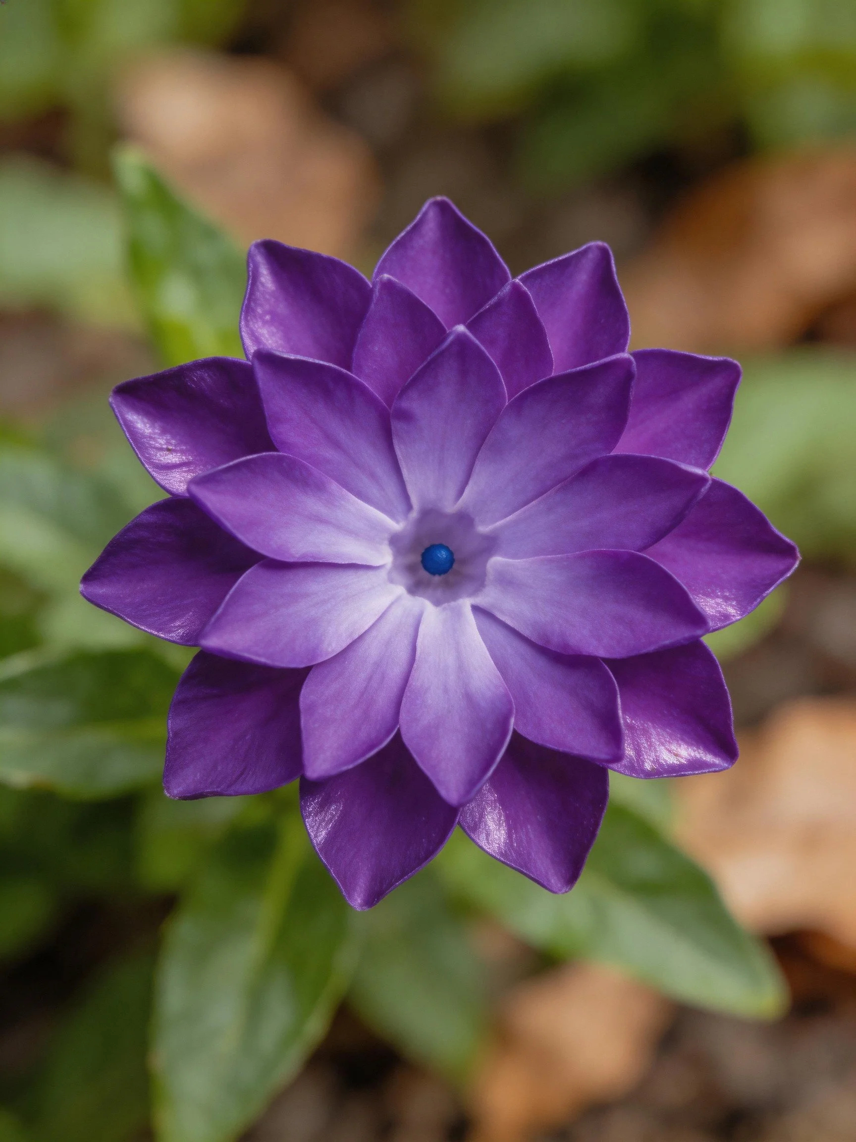 A vibrant purple flower with layered petals and blue center