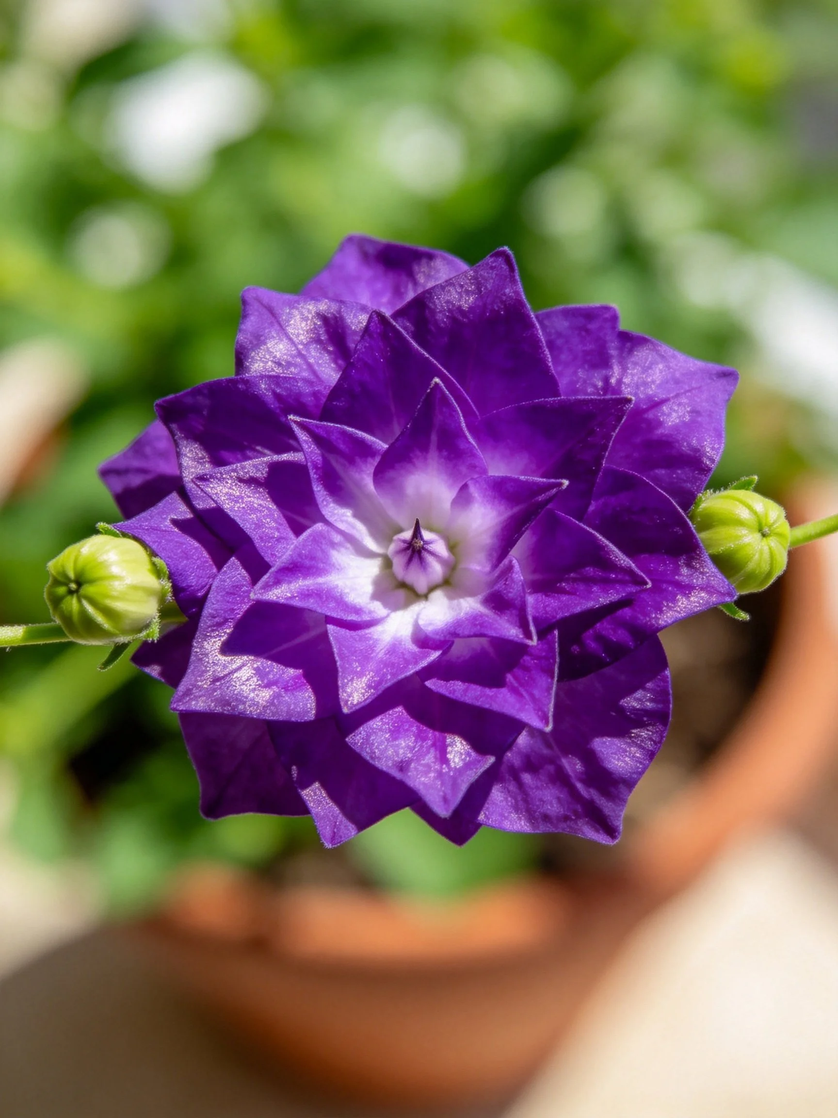 A vibrant purple flower with layered petals and green buds in a terracotta pot