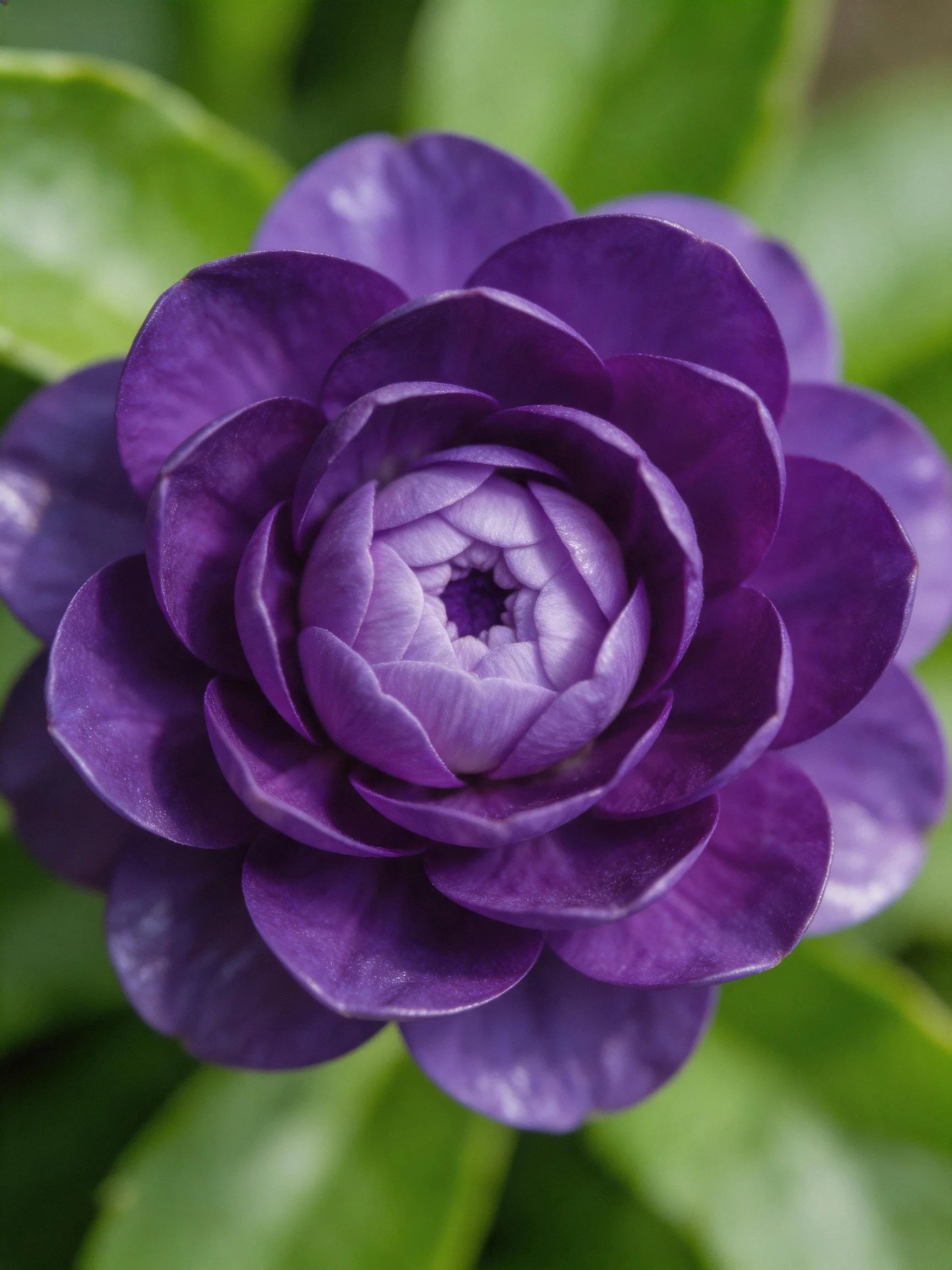 A vibrant purple flower with layered petals and green foliage