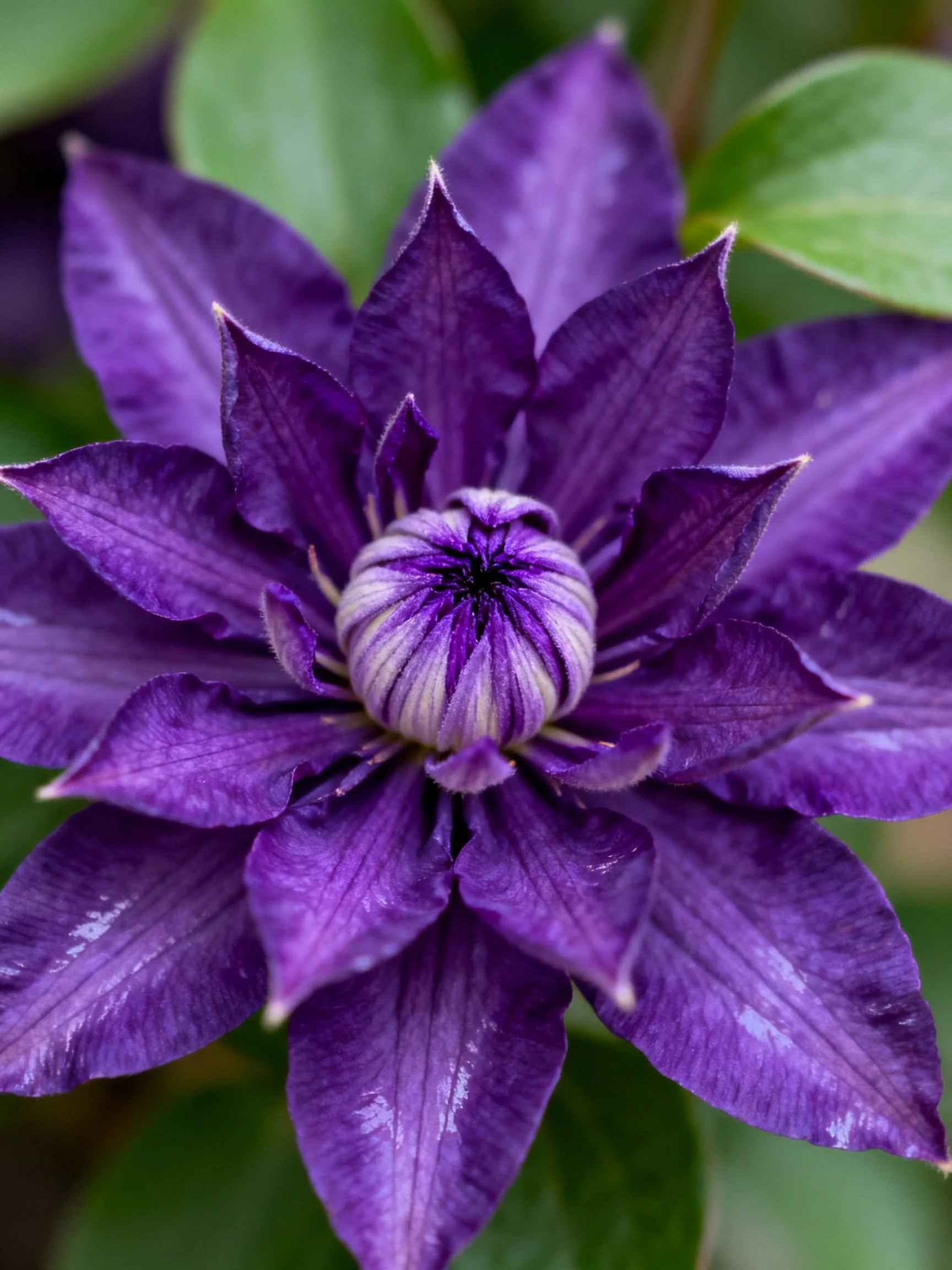 A vibrant purple flower with layered petals and green foliage