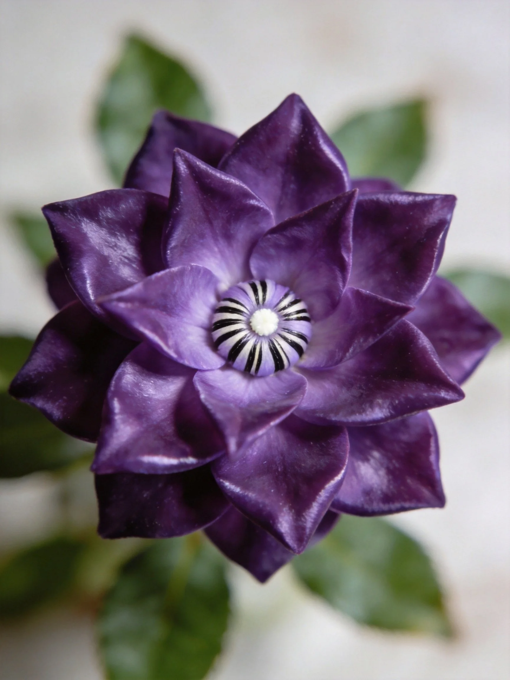 A vibrant purple flower with layered petals and green leaves