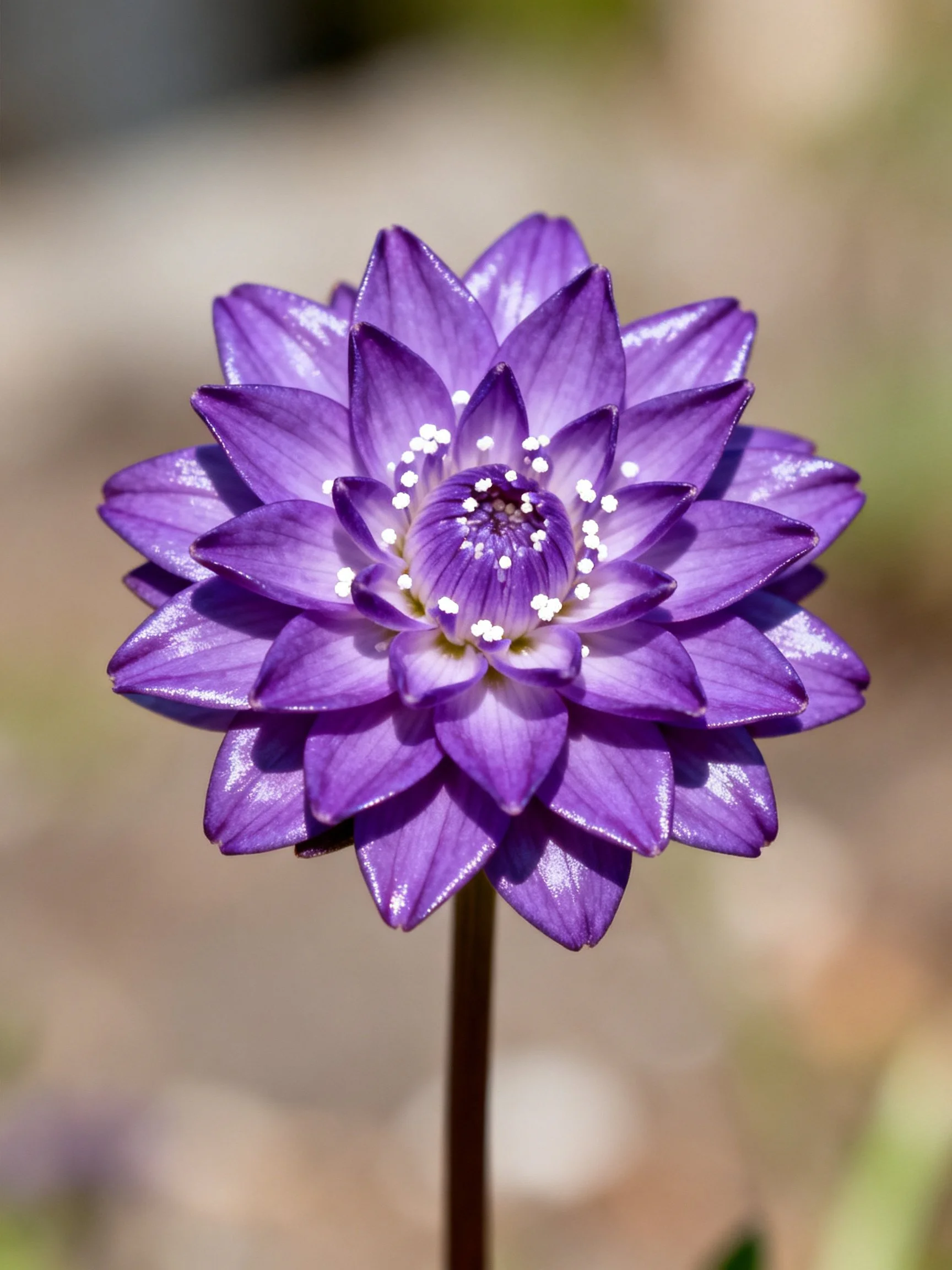 A vibrant purple flower with layered petals and white stamens
