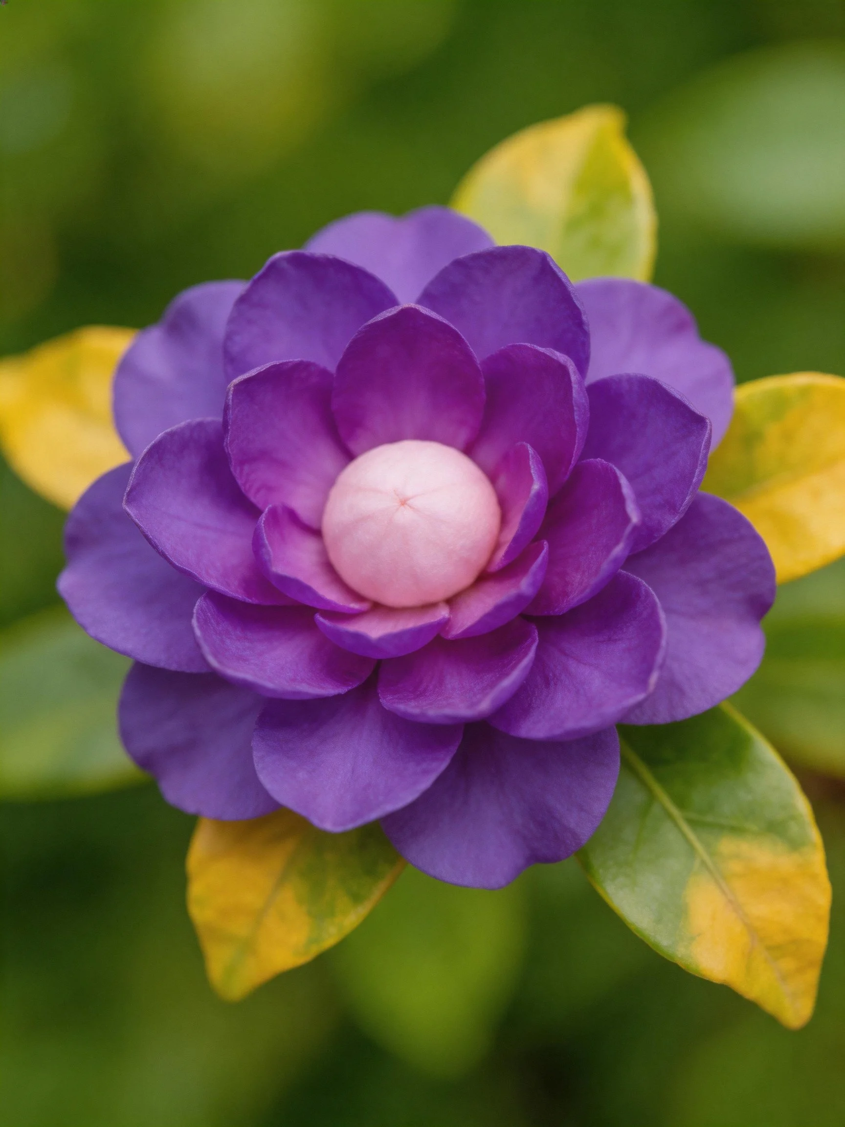 A vibrant purple flower with layered petals and yellow-green leaves