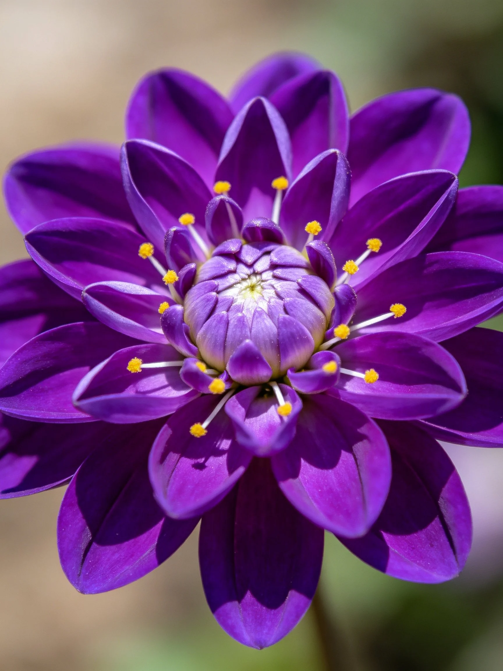 A vibrant purple flower with layered petals and yellow stamens