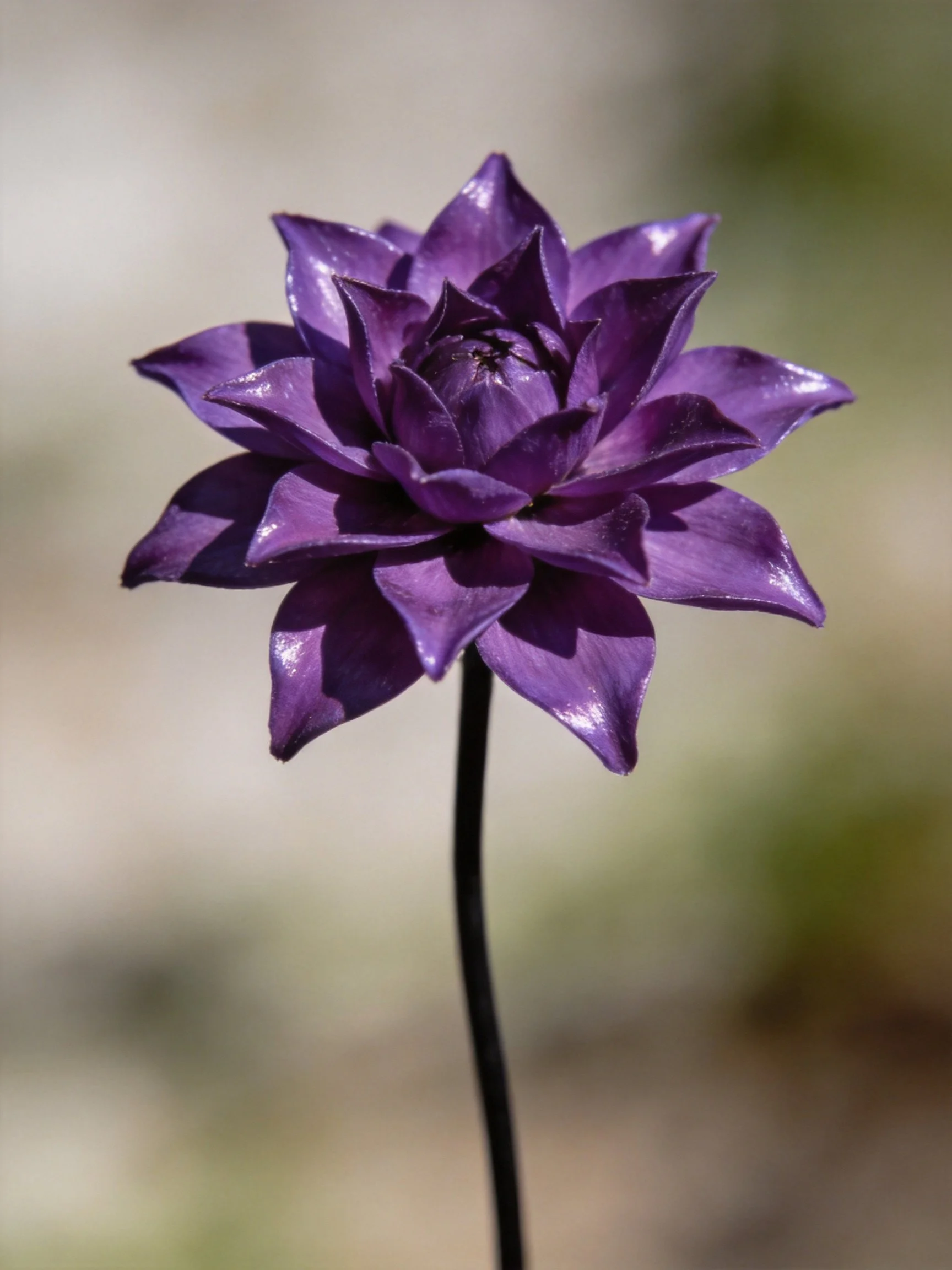 A vibrant purple flower with layered petals on a slender stem