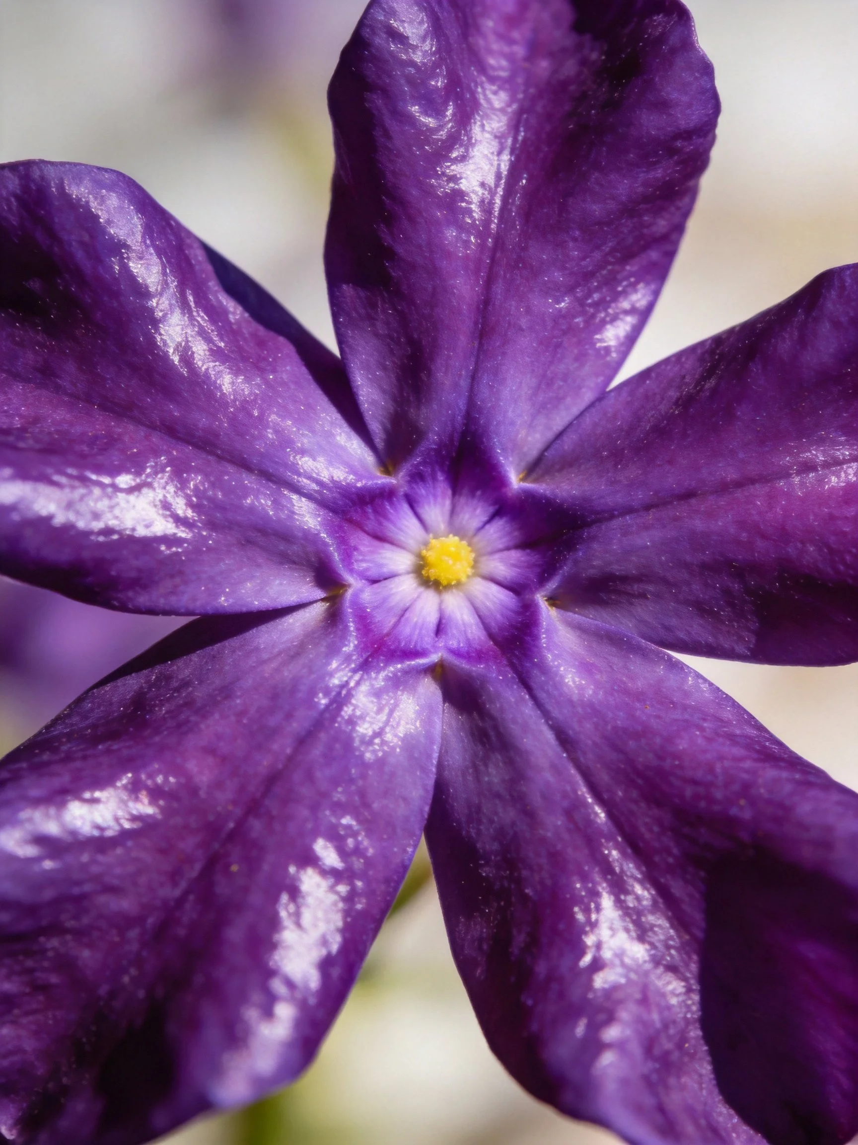 A vibrant purple flower with six petals and a yellow center