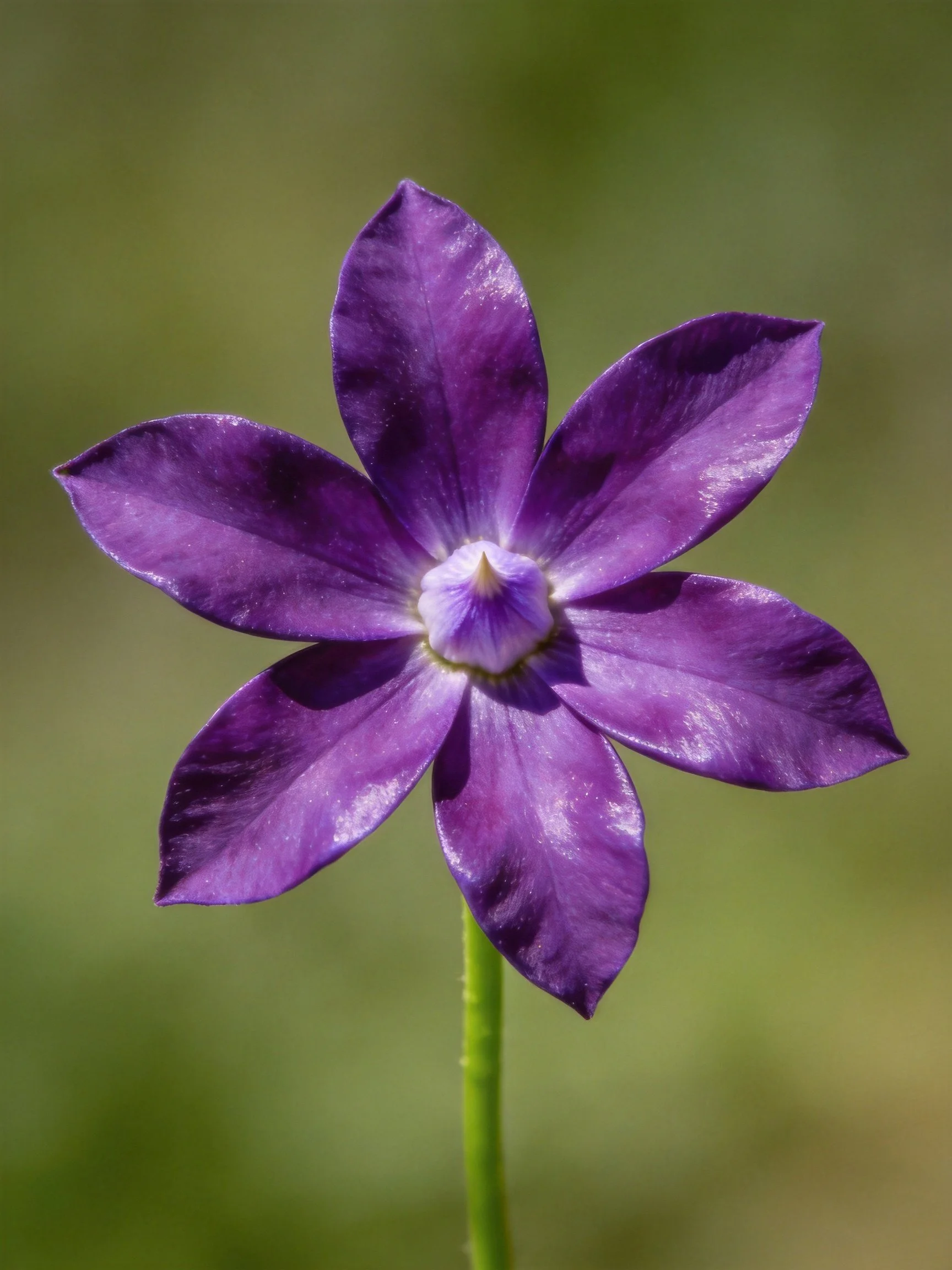 A vibrant purple flower with six petals stands tall on a slender green stem