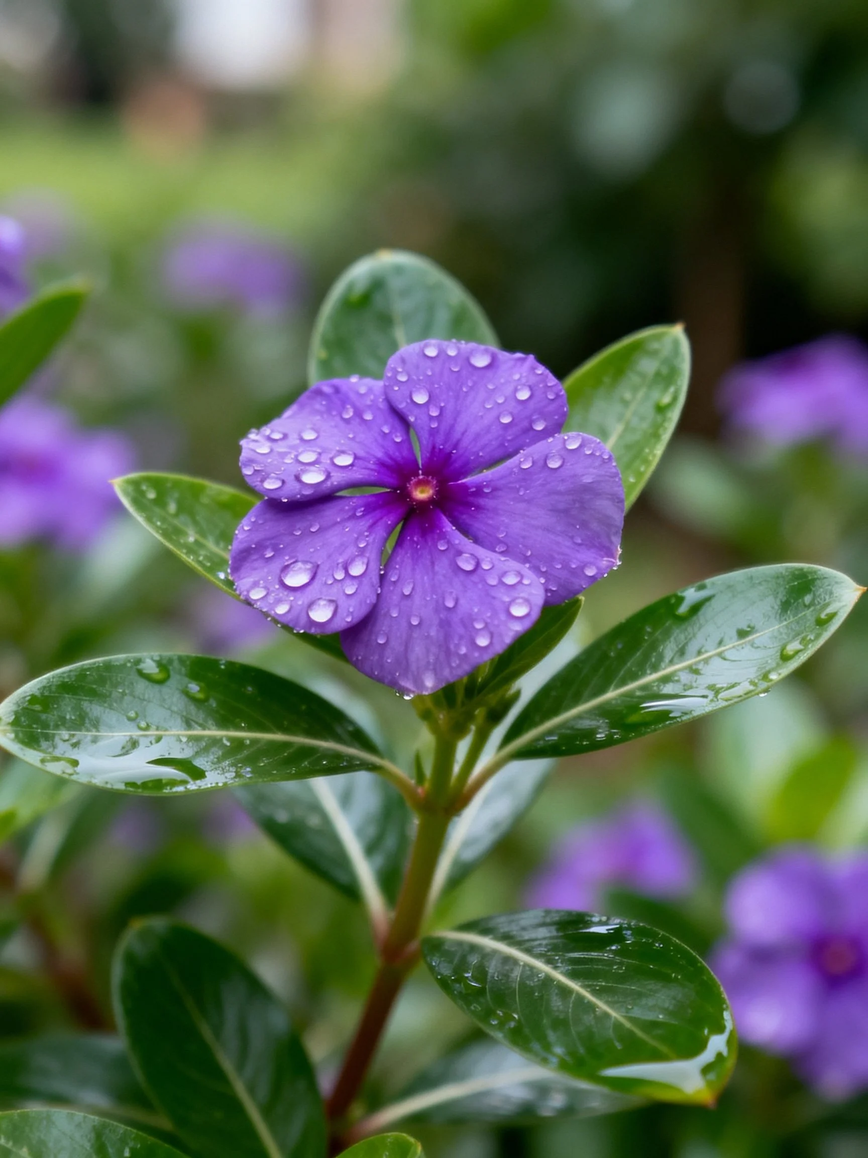 A vibrant purple flower with water droplets among glossy green leaves