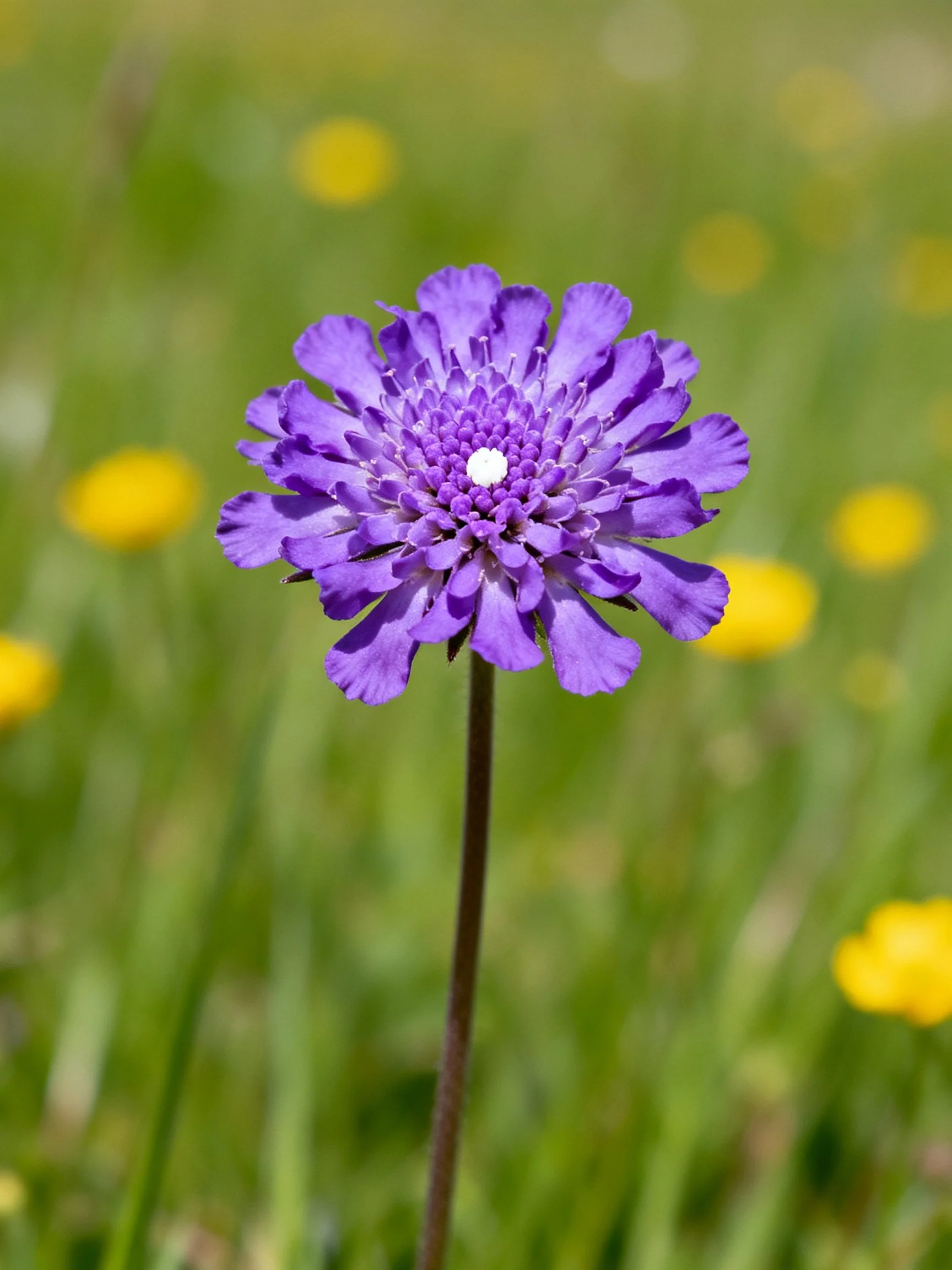 A vibrant purple flower with white center stands among yellow blooms in green meadow