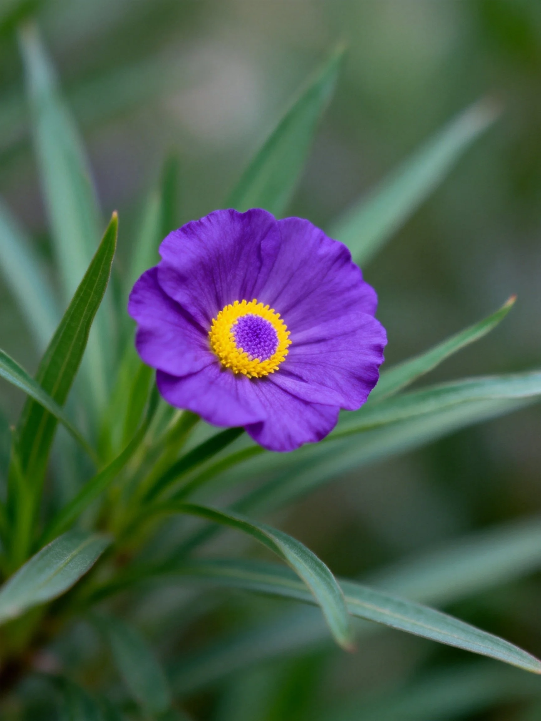 A vibrant purple flower with yellow center among slender green leaves