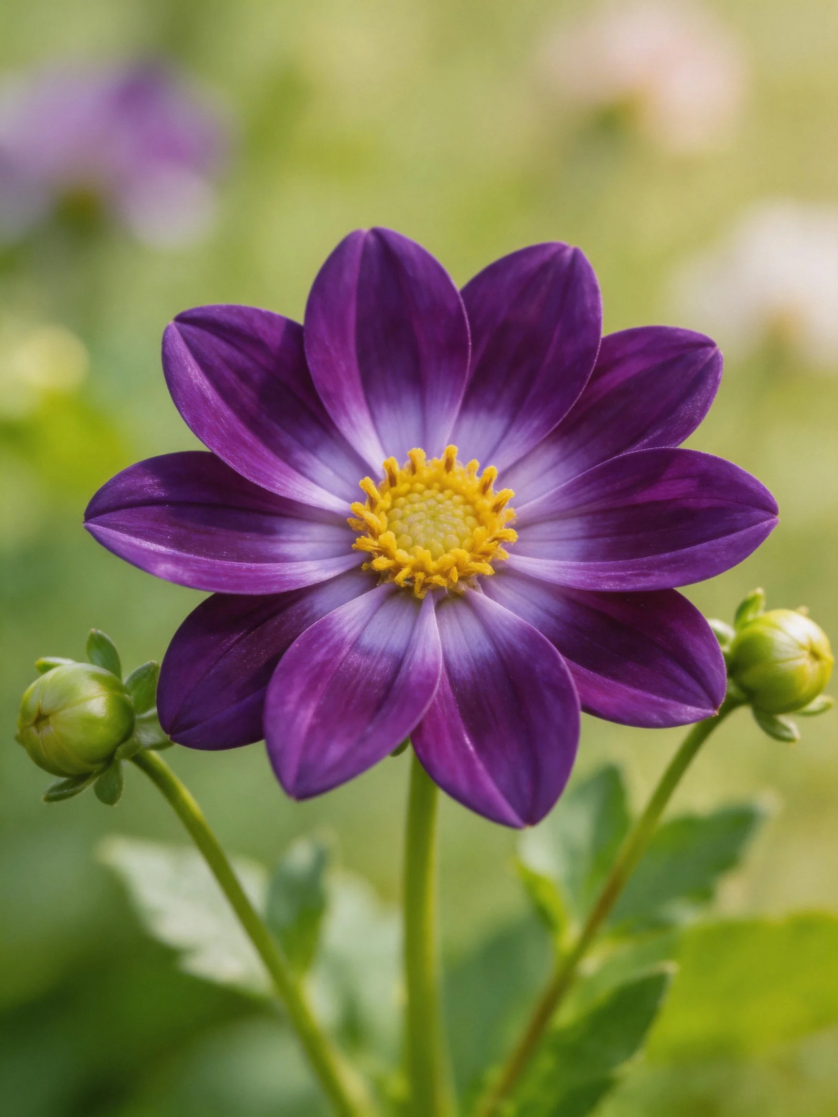 A vibrant purple flower with yellow center and green buds
