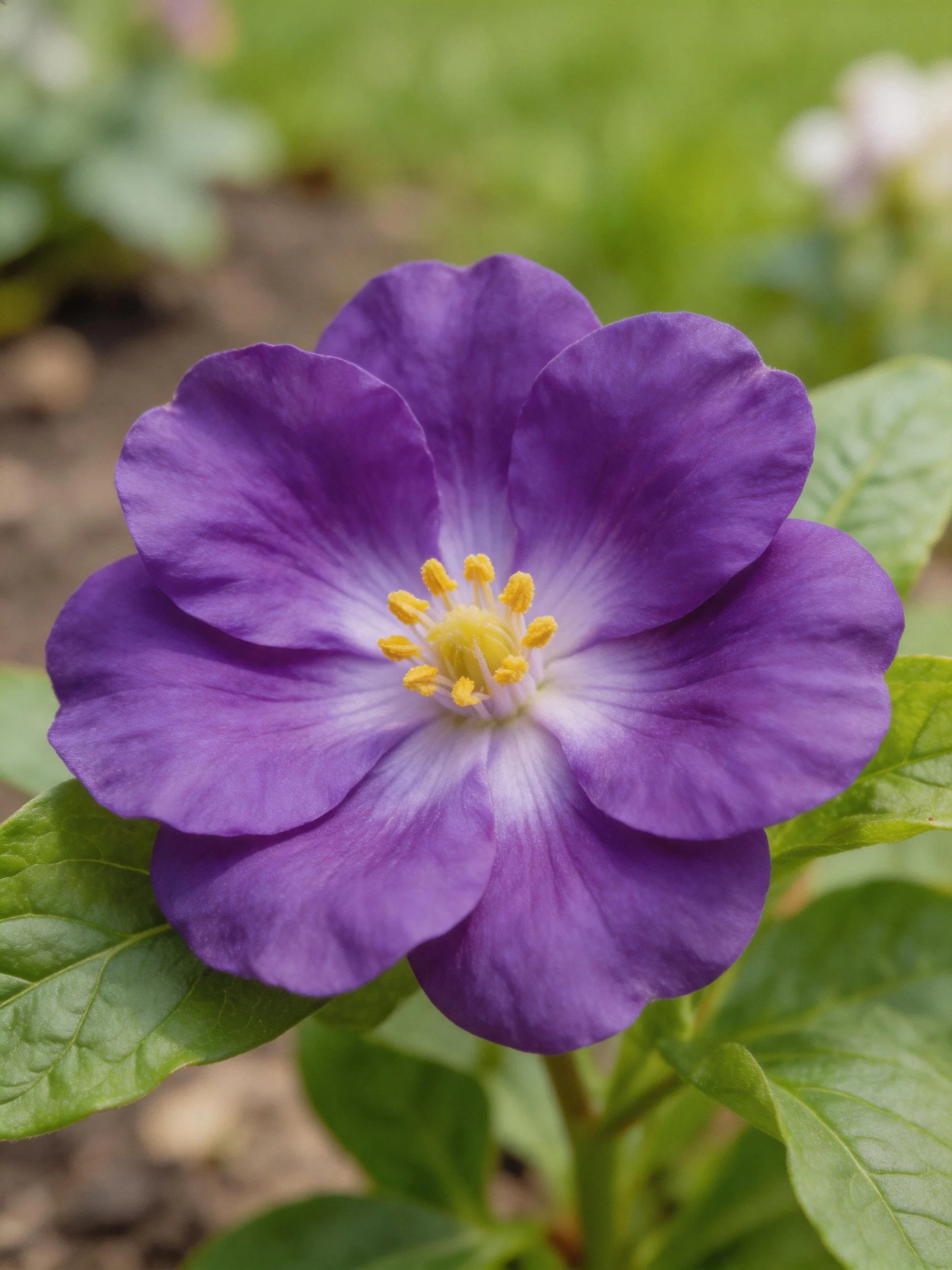A vibrant purple flower with yellow stamens and green foliage