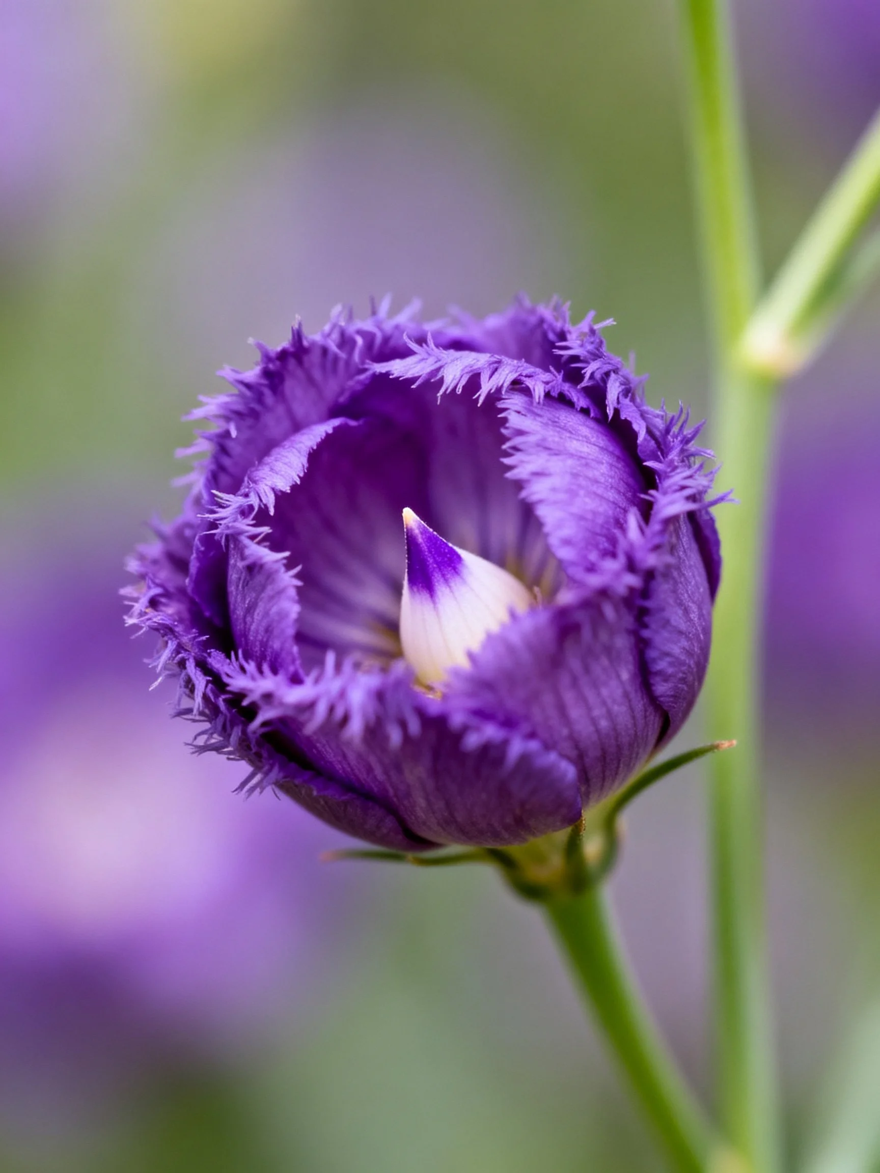 A vibrant purple fringed flower bud with a green stem