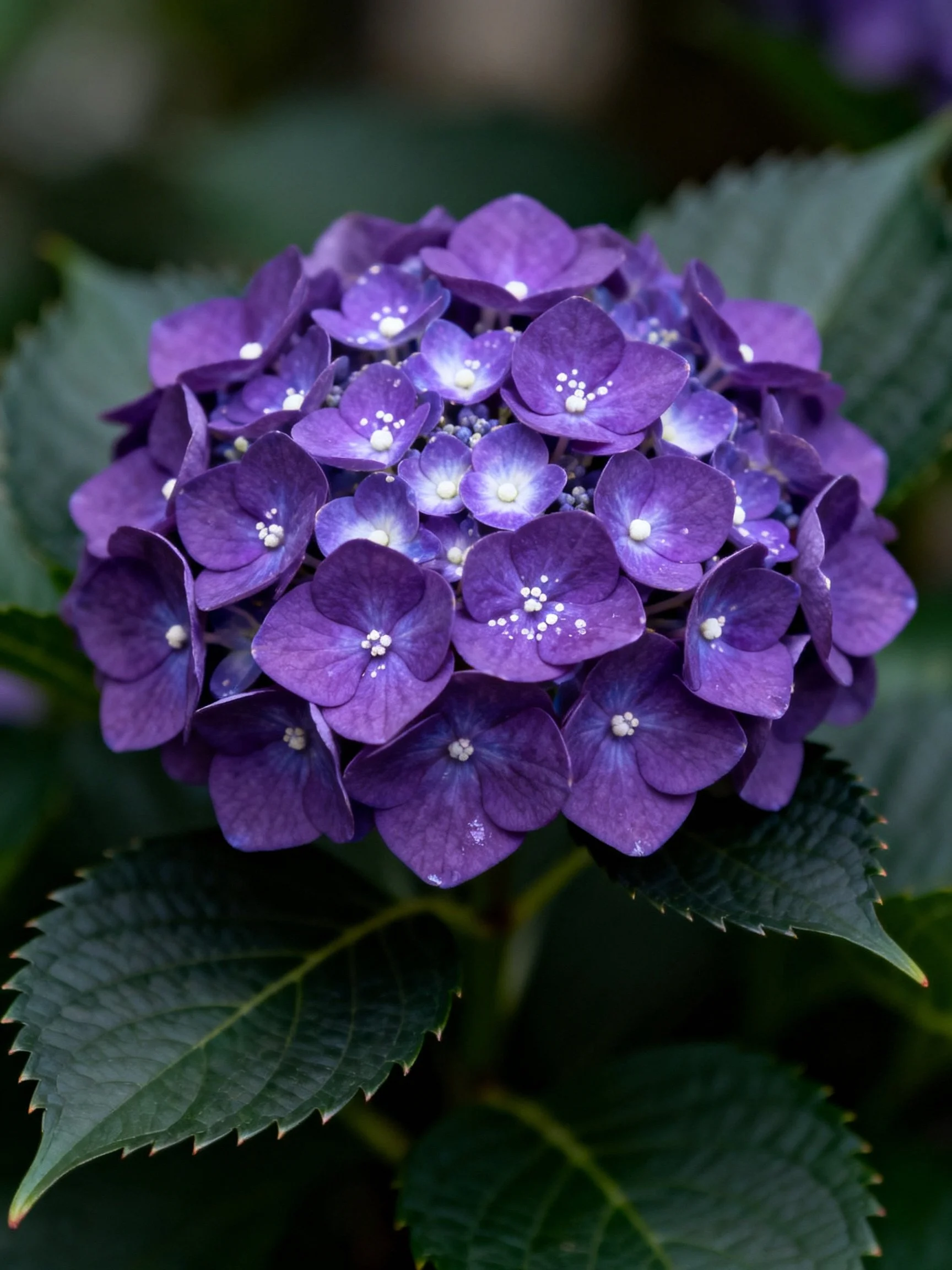 A vibrant purple hydrangea cluster with dark green foliage