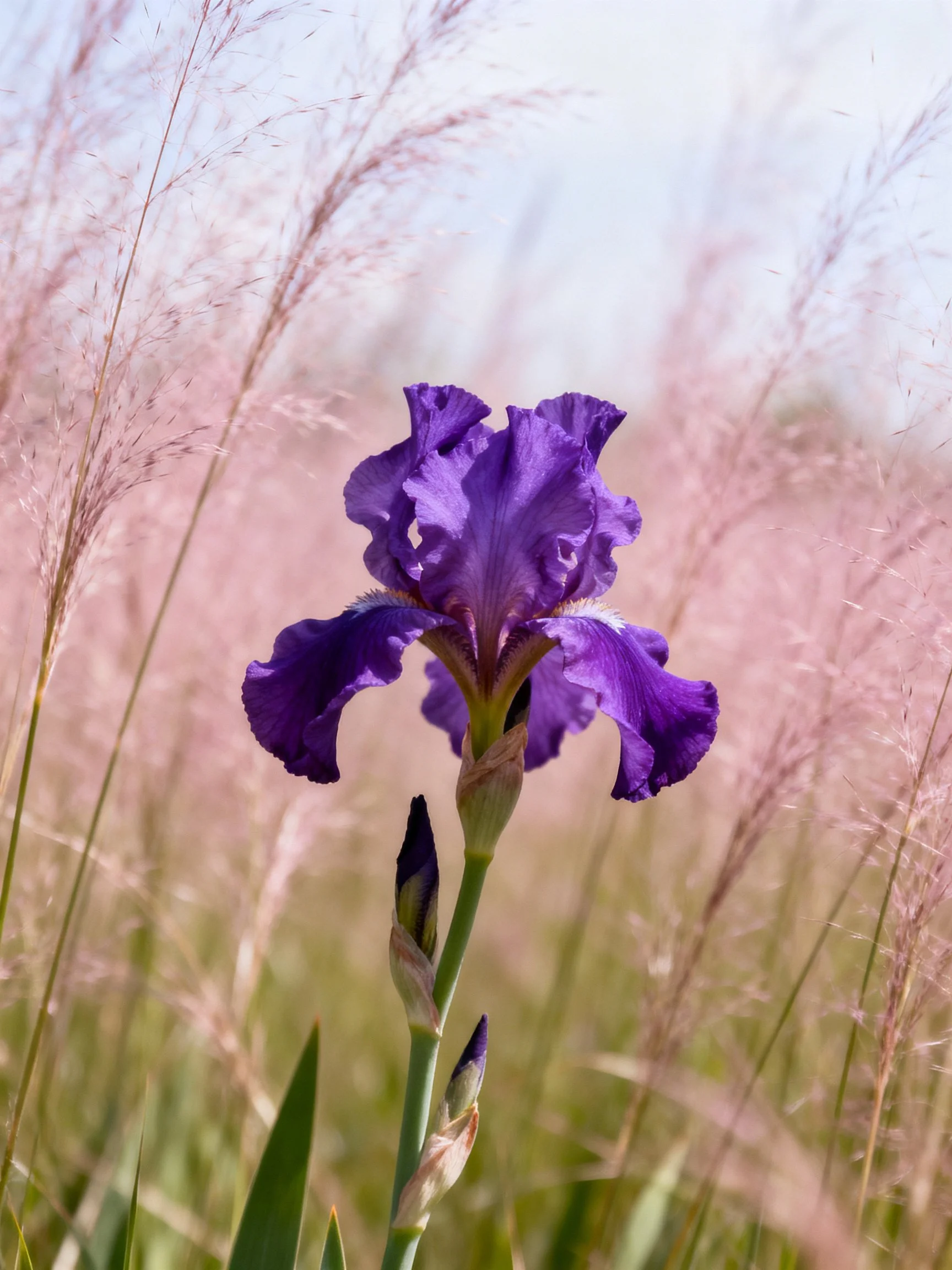 A vibrant purple iris blooms among soft pink grasses