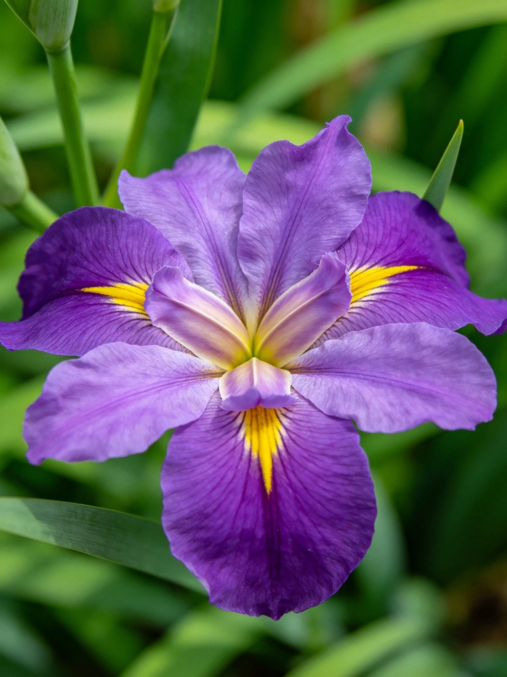 A vibrant purple iris flower with yellow accents among green foliage
