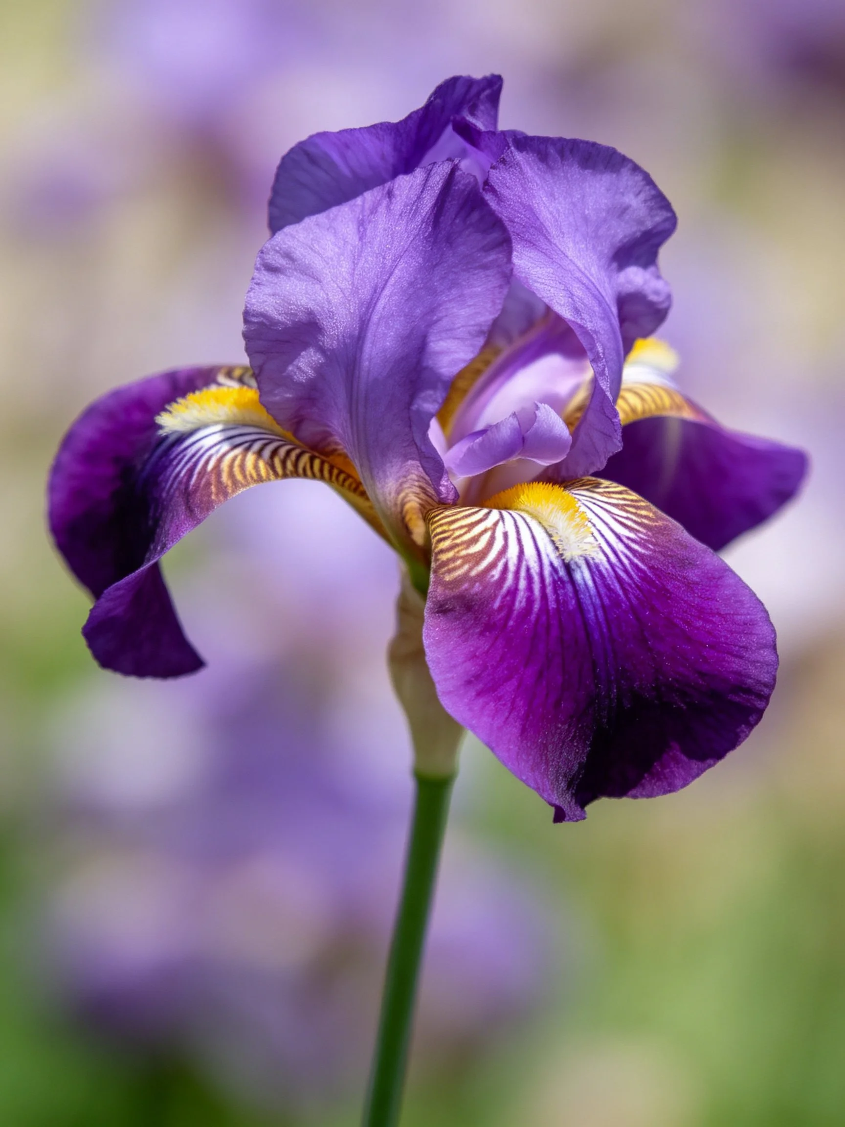 A vibrant purple iris with golden and white markings blooms prominently