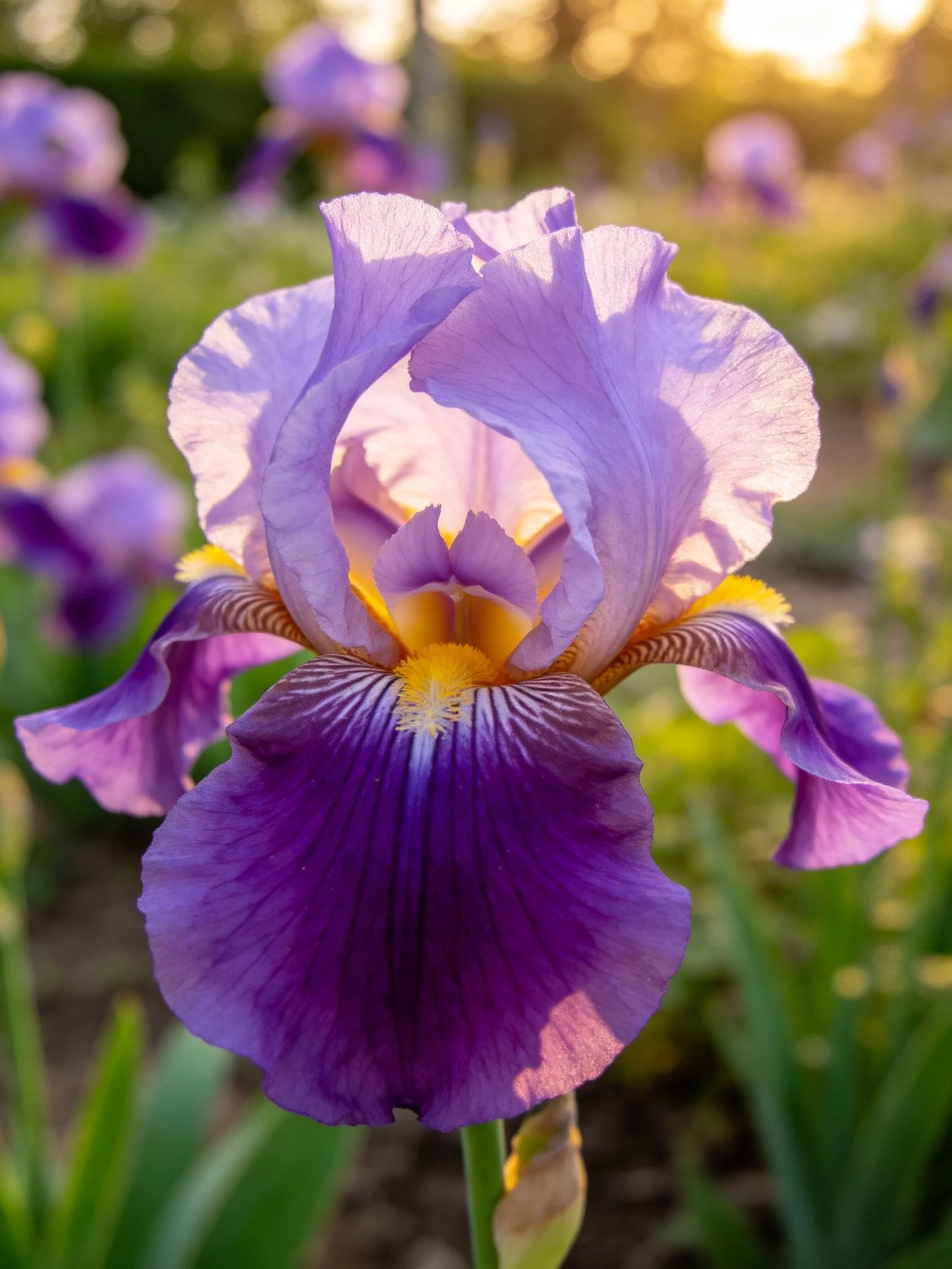 A vibrant purple iris with layered petals in sunlight