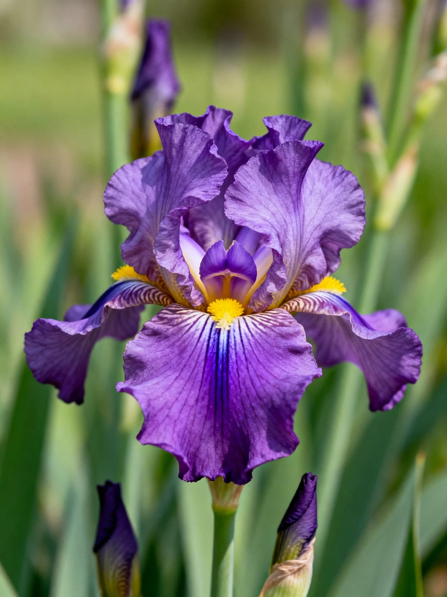 A vibrant purple iris with ruffled petals and yellow accents