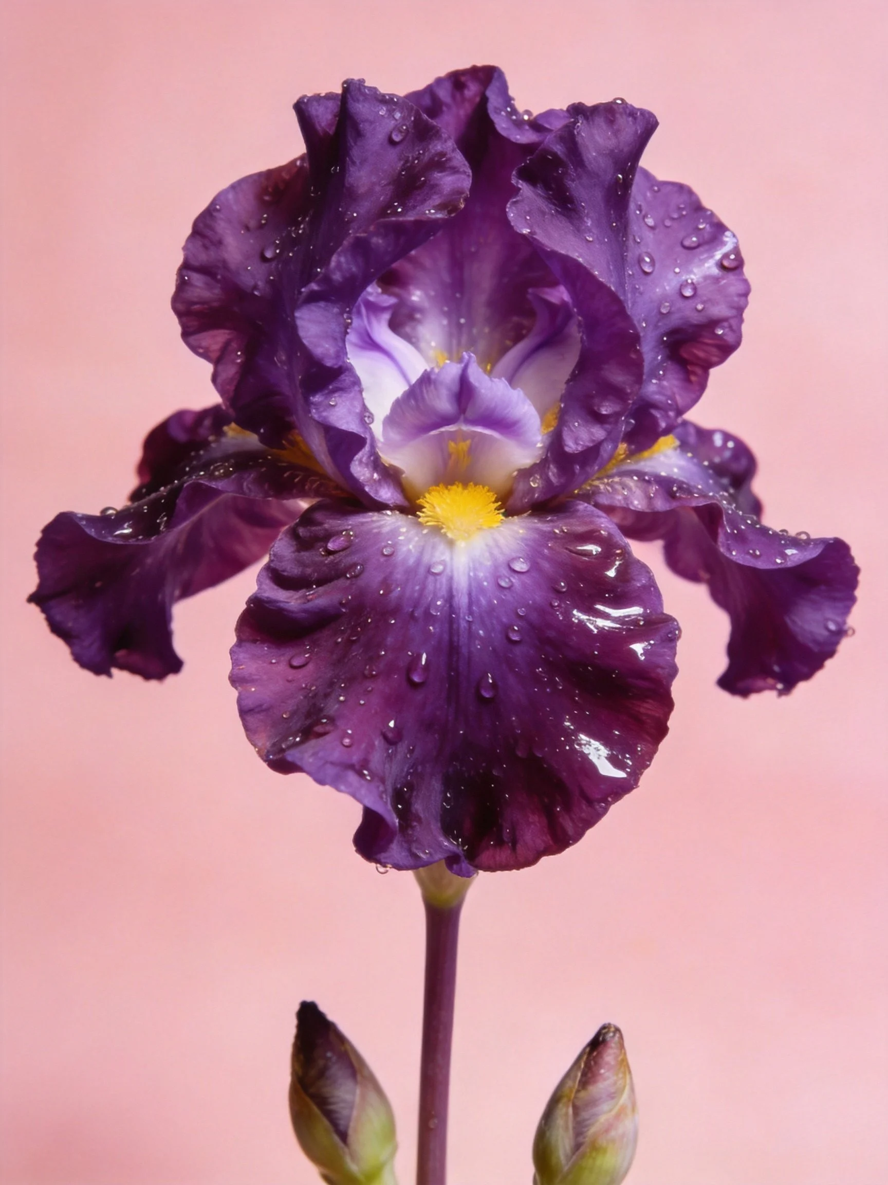 A vibrant purple iris with water droplets against a soft pink backdrop