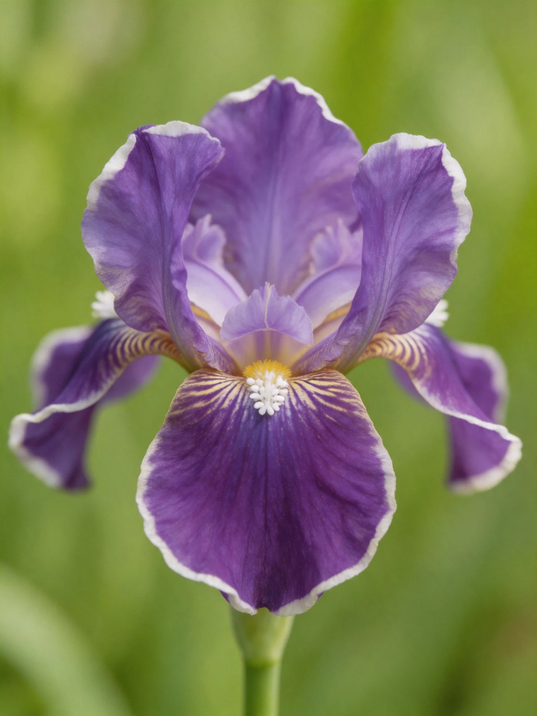 A vibrant purple iris with white-trimmed petals