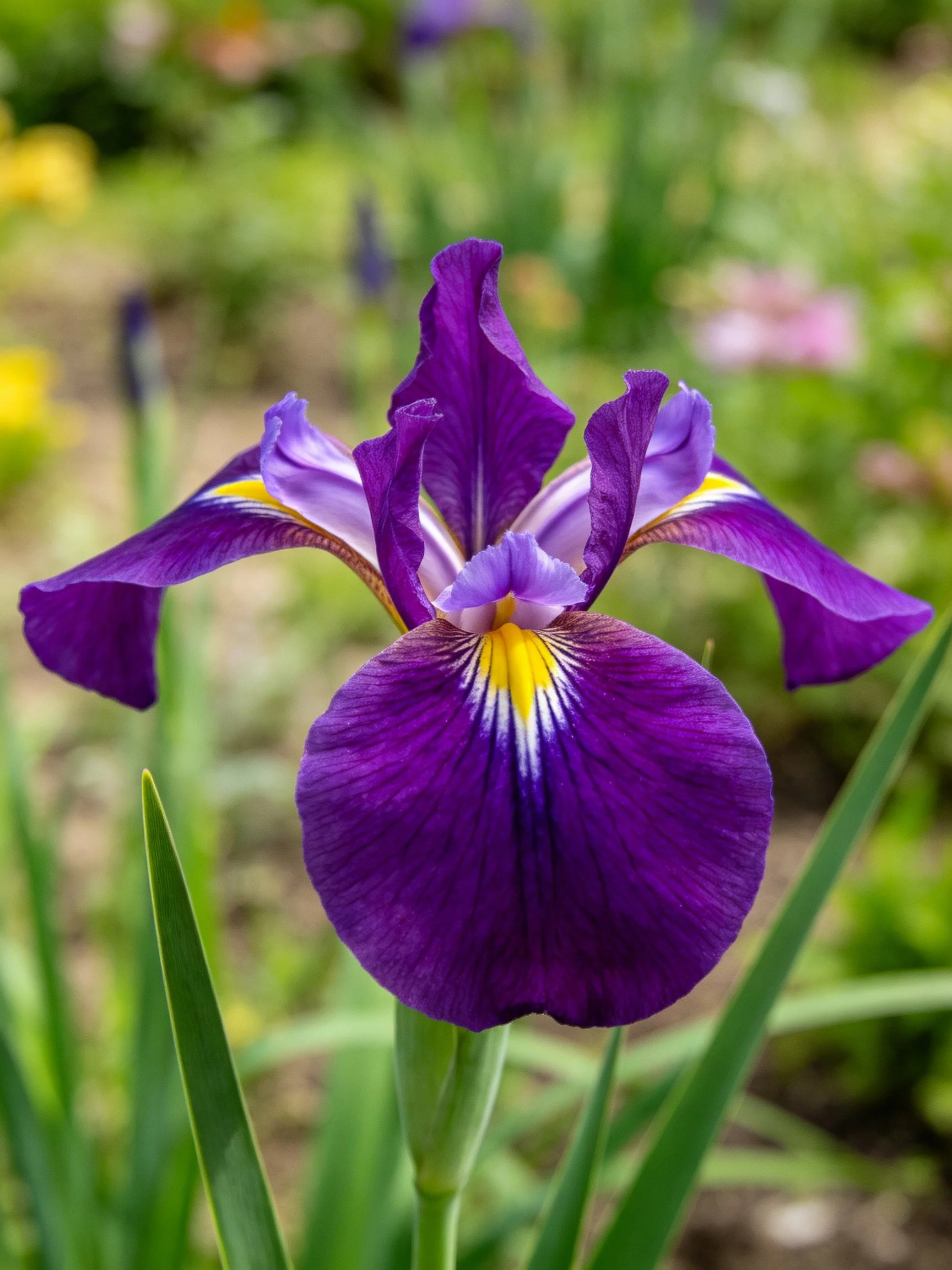 A vibrant purple iris with yellow and white details