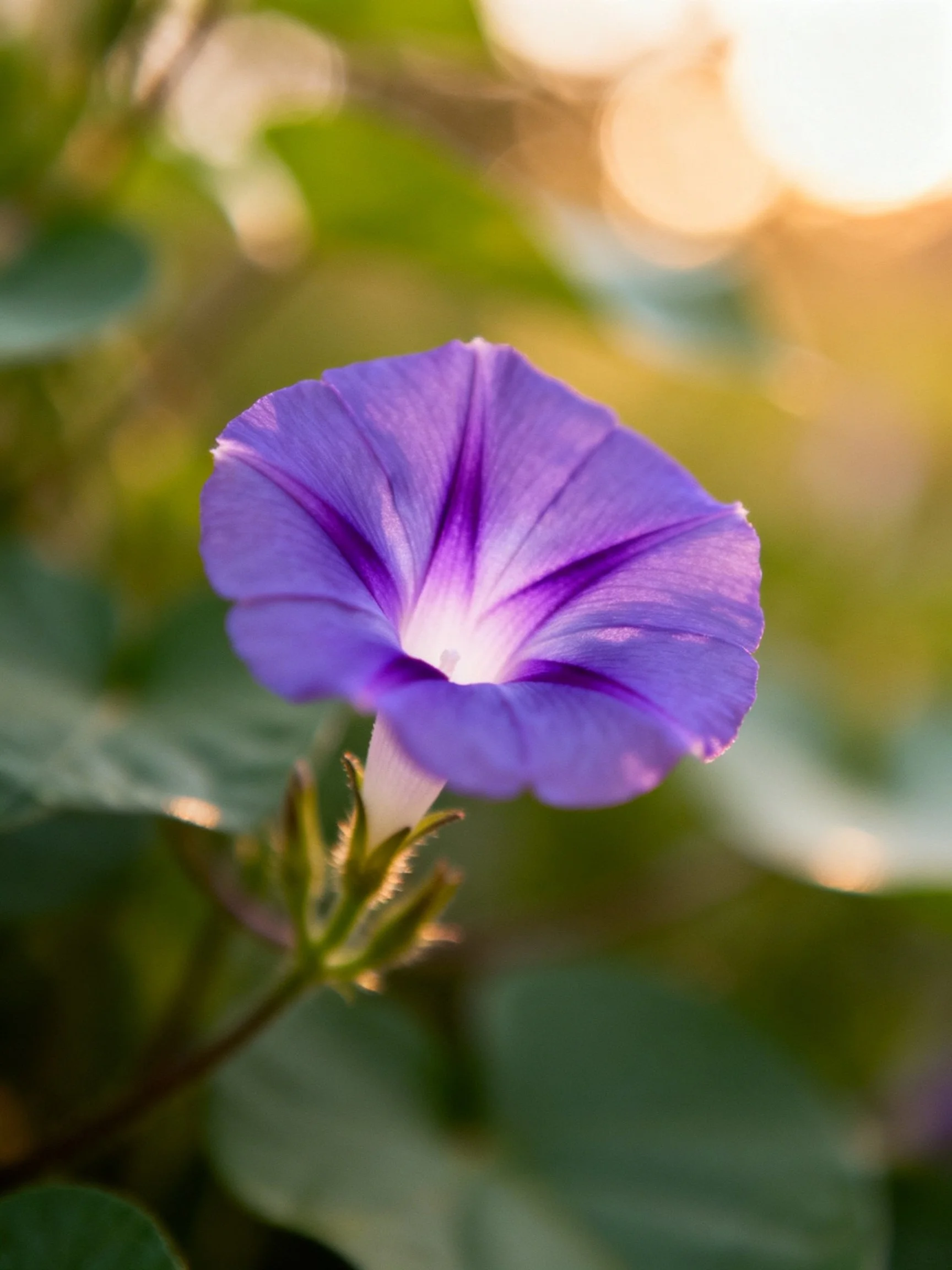 A vibrant purple morning glory flower against blurred green foliage