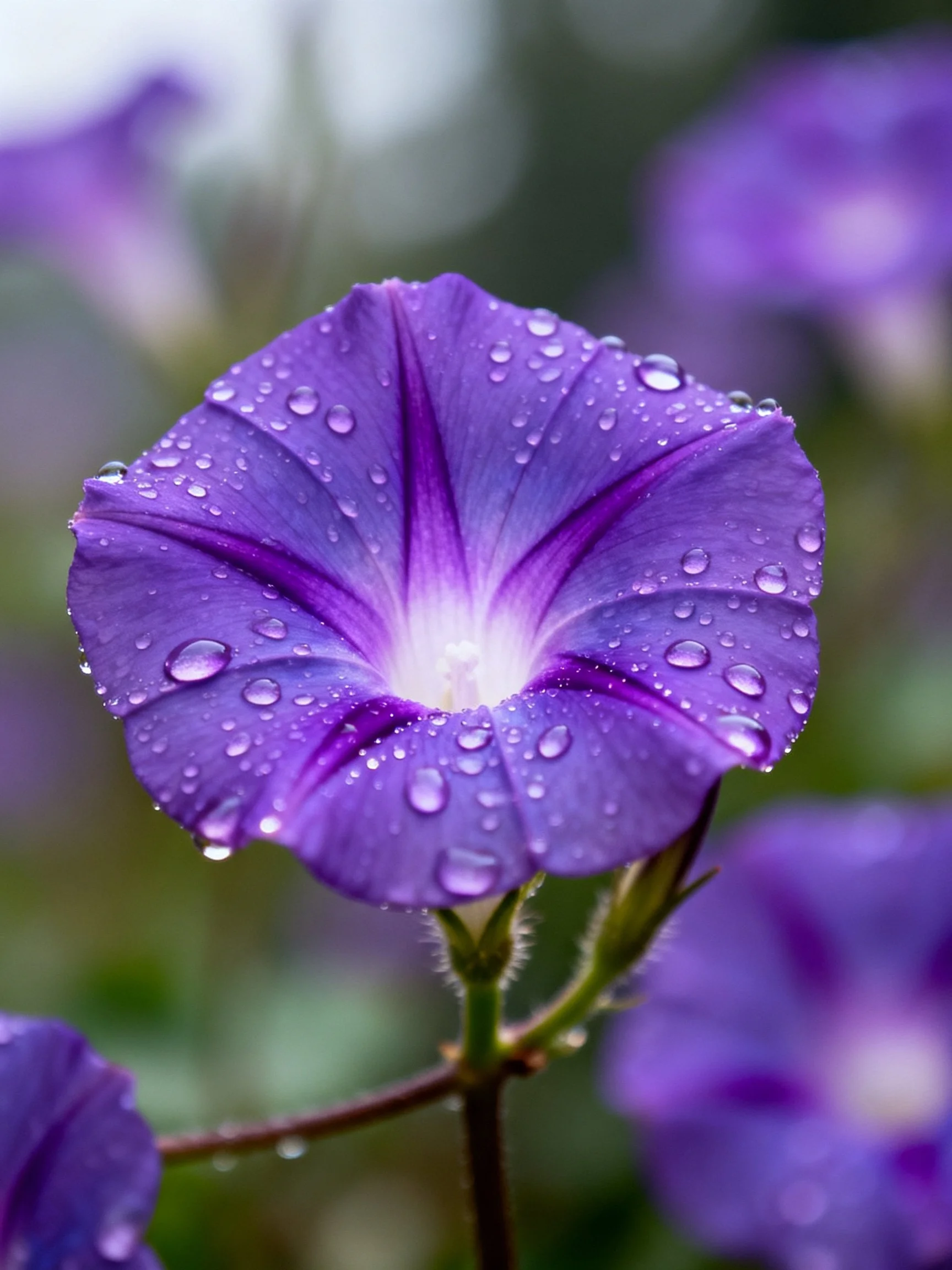 A vibrant purple morning glory with glistening dewdrops