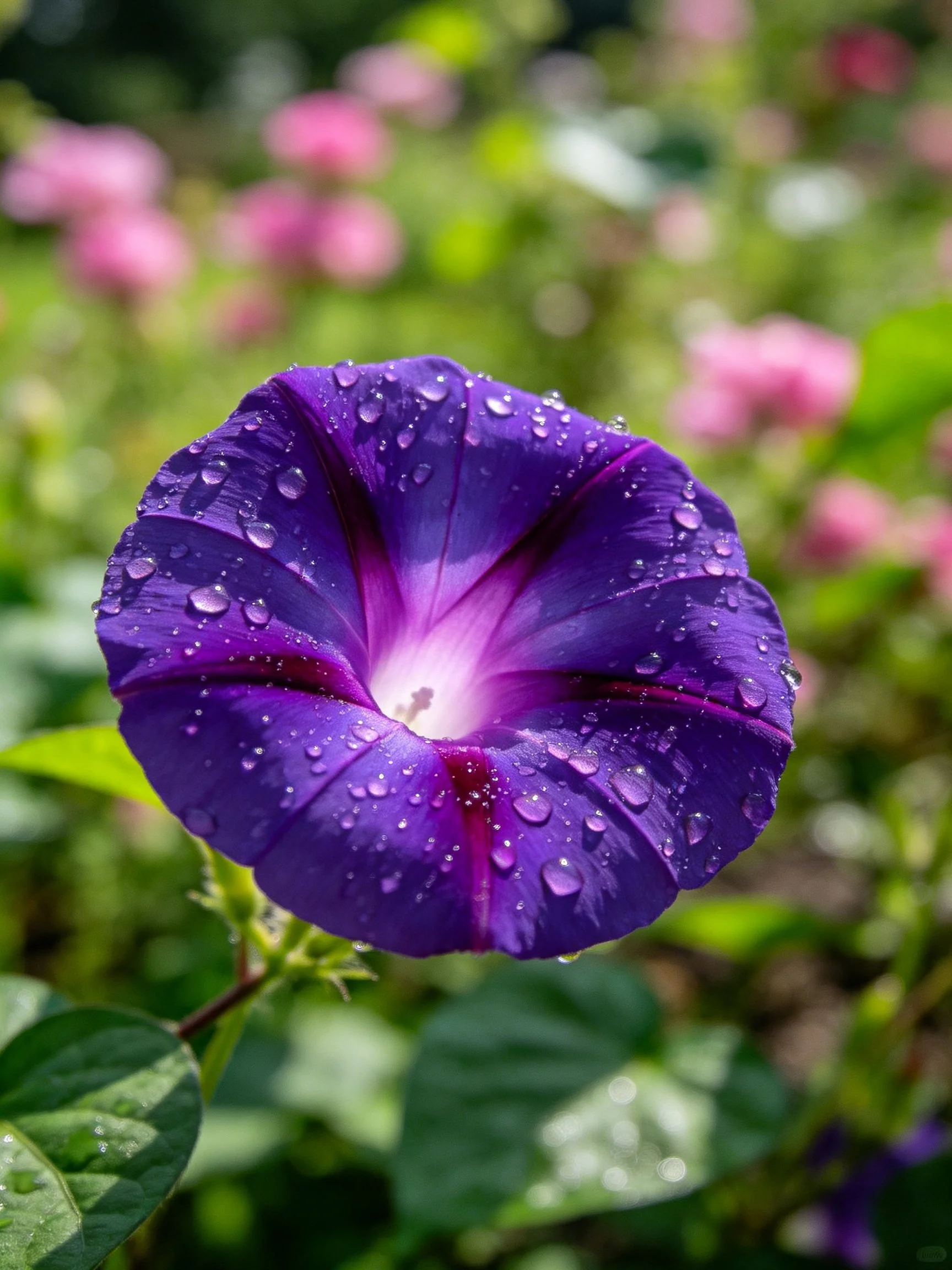A vibrant purple morning glory with water droplets