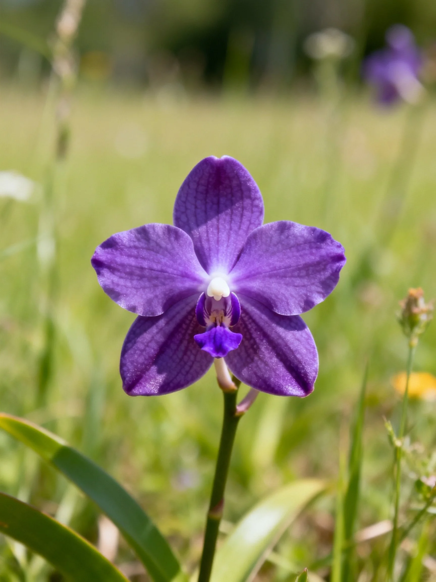 A vibrant purple orchid blooms amid lush green foliage.