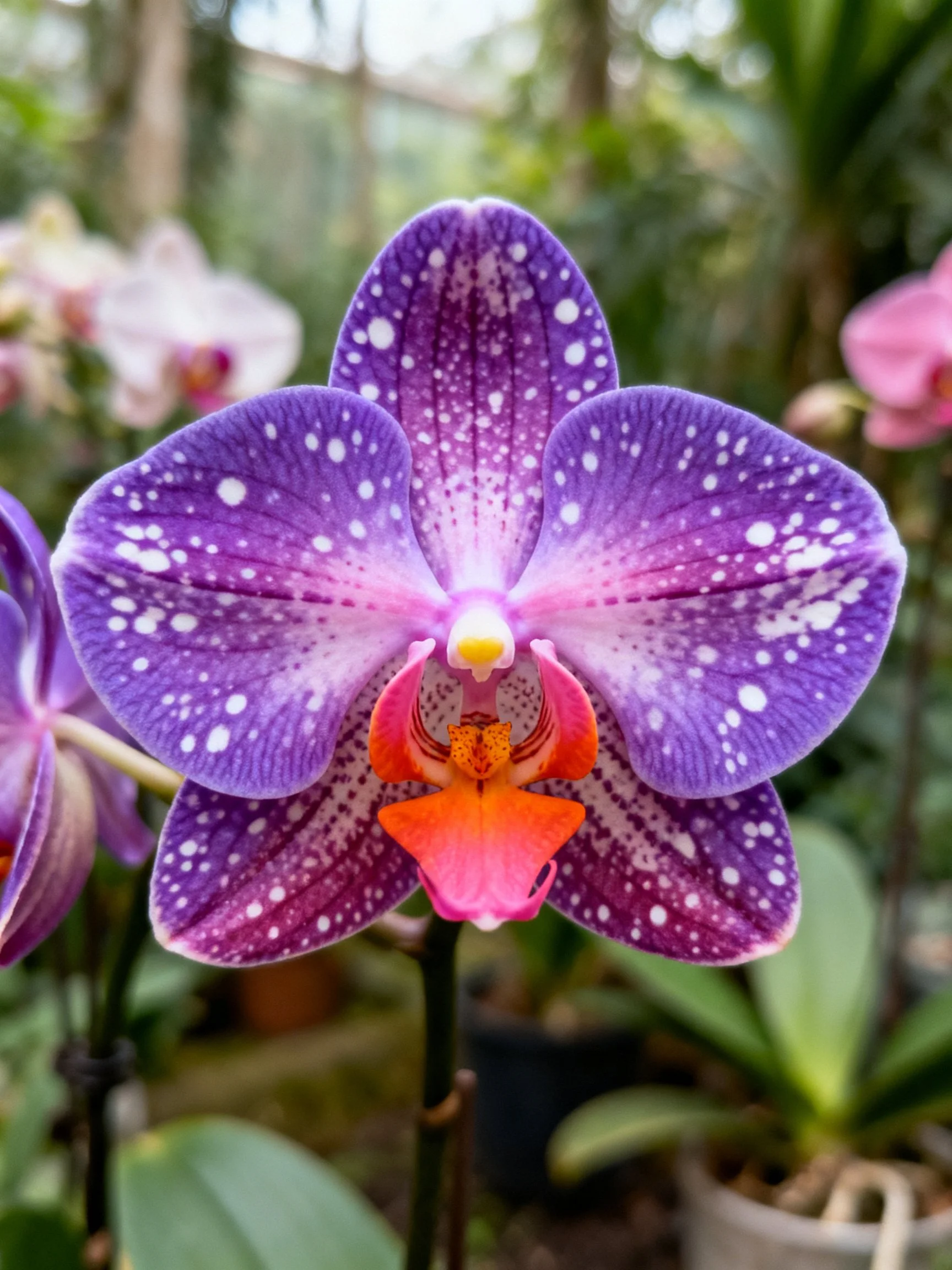 A vibrant purple orchid with white speckles and colorful center