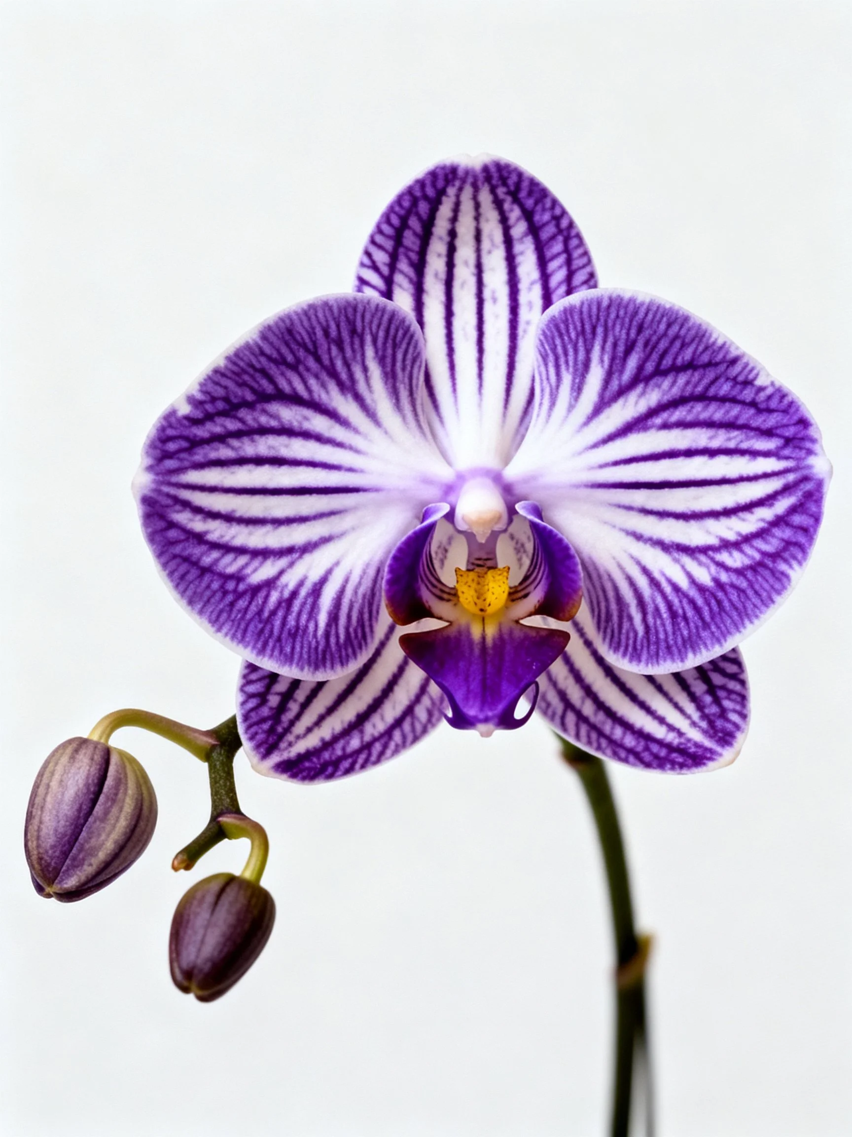 A vibrant purple orchid with white striped petals and two unopened buds