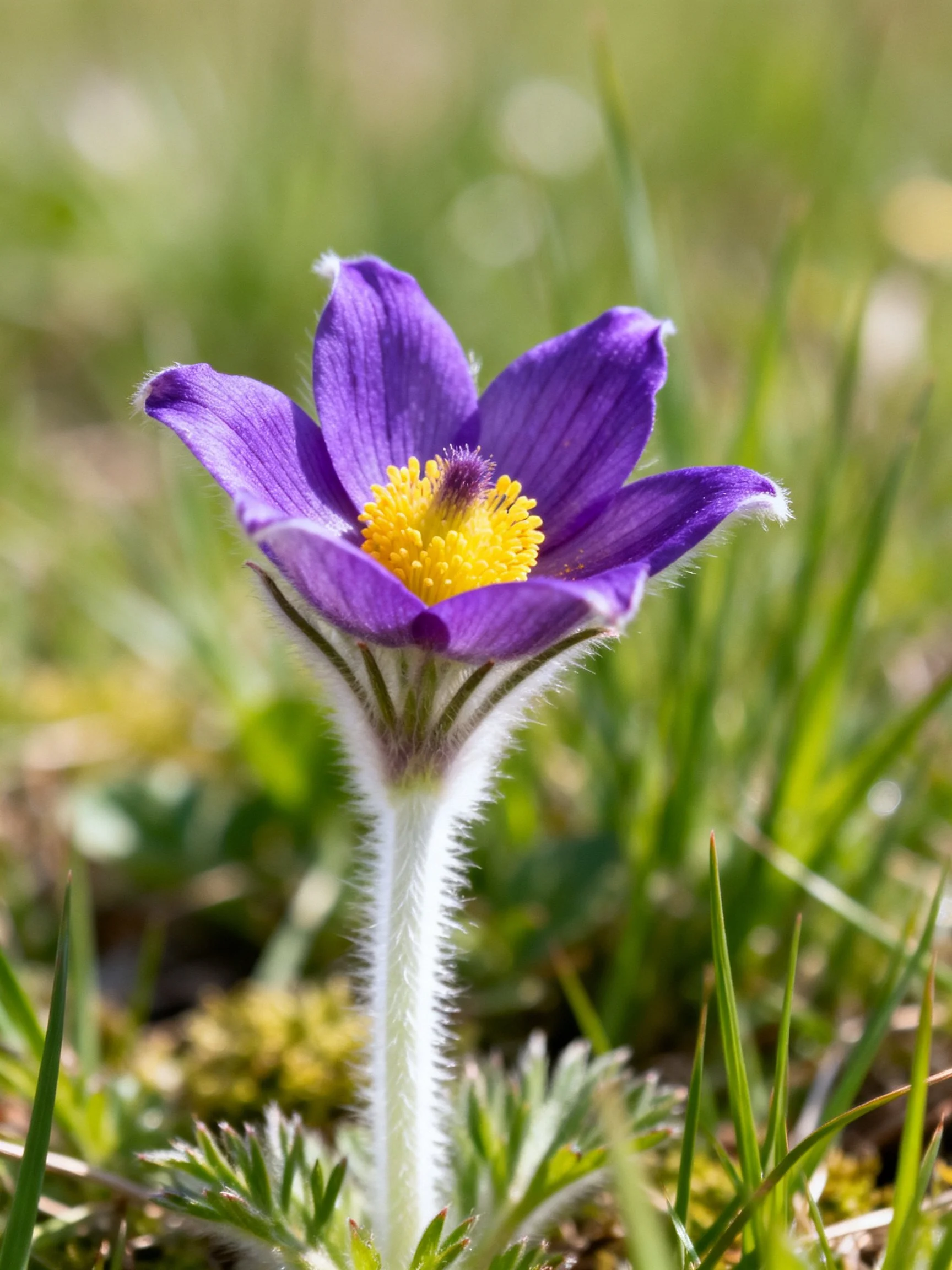 A vibrant purple pasqueflower blooms among lush green vegetation