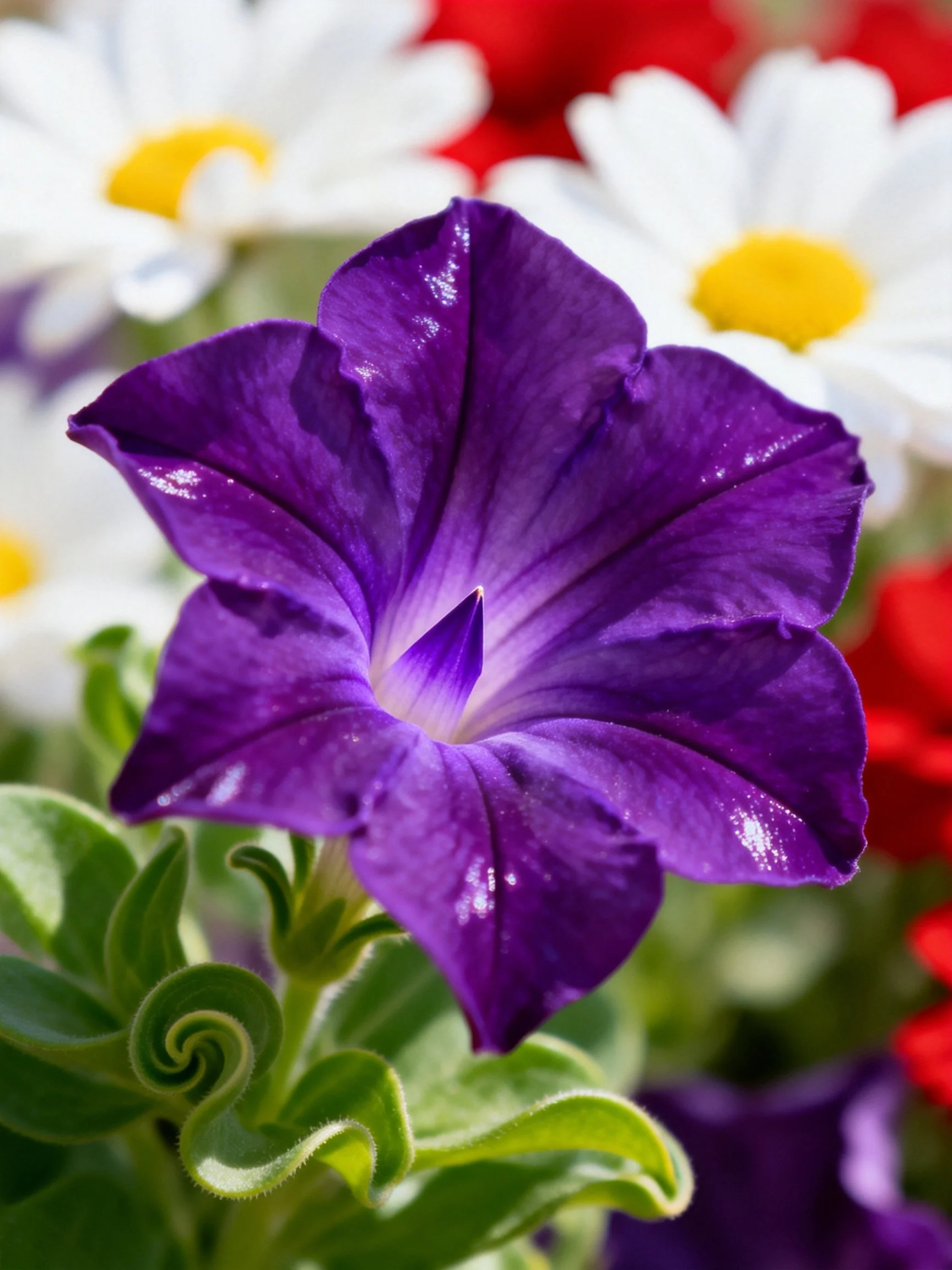 A vibrant purple petunia among white and red flowers