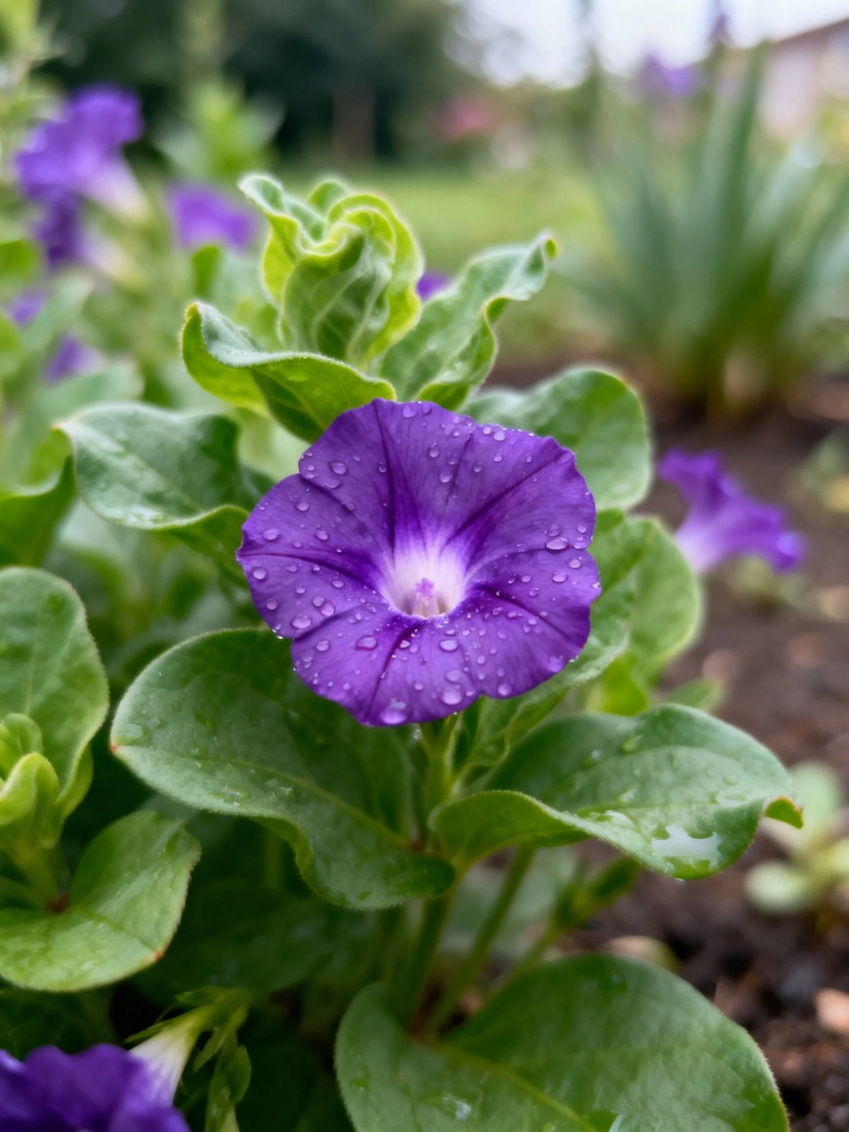 A vibrant purple petunia with dewdrops among lush green foliage