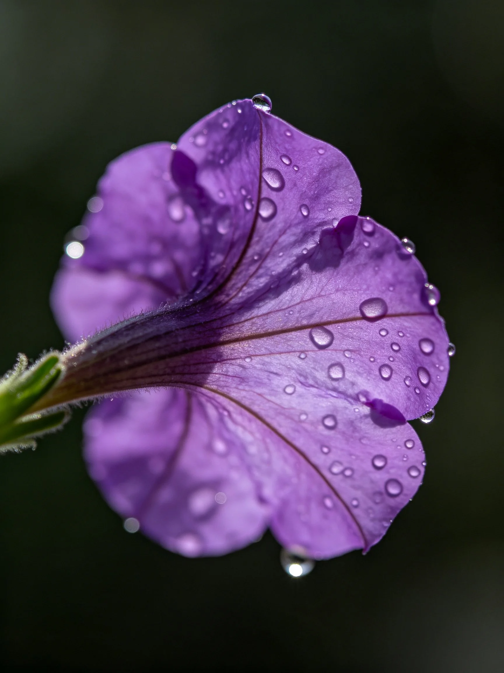 A vibrant purple petunia with glistening water droplets