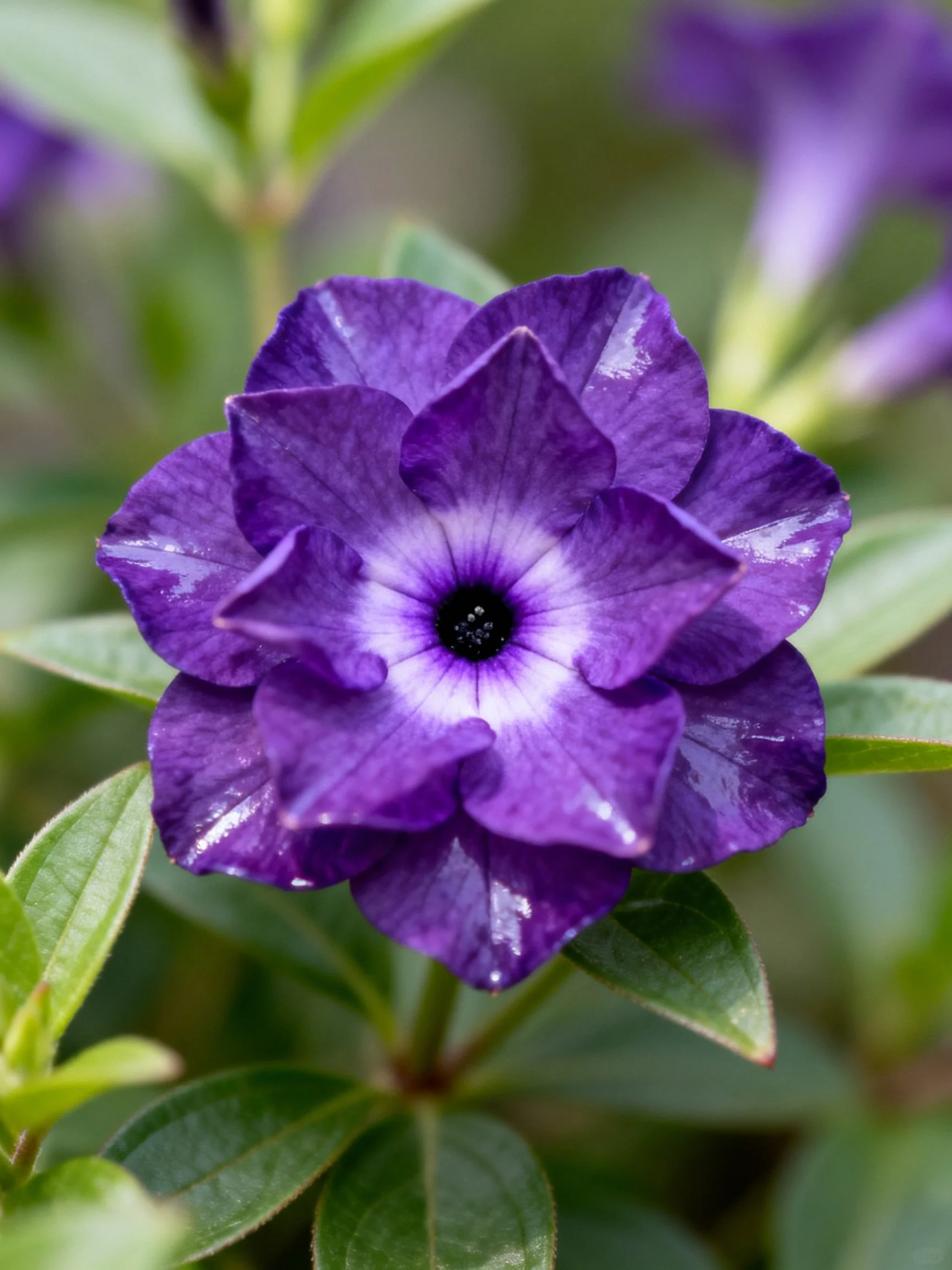 A vibrant purple petunia with layered petals and green foliage