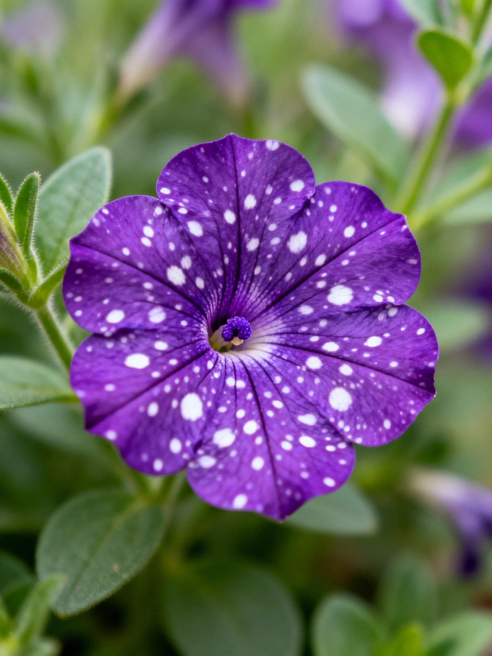 A vibrant purple petunia with white speckles among green foliage
