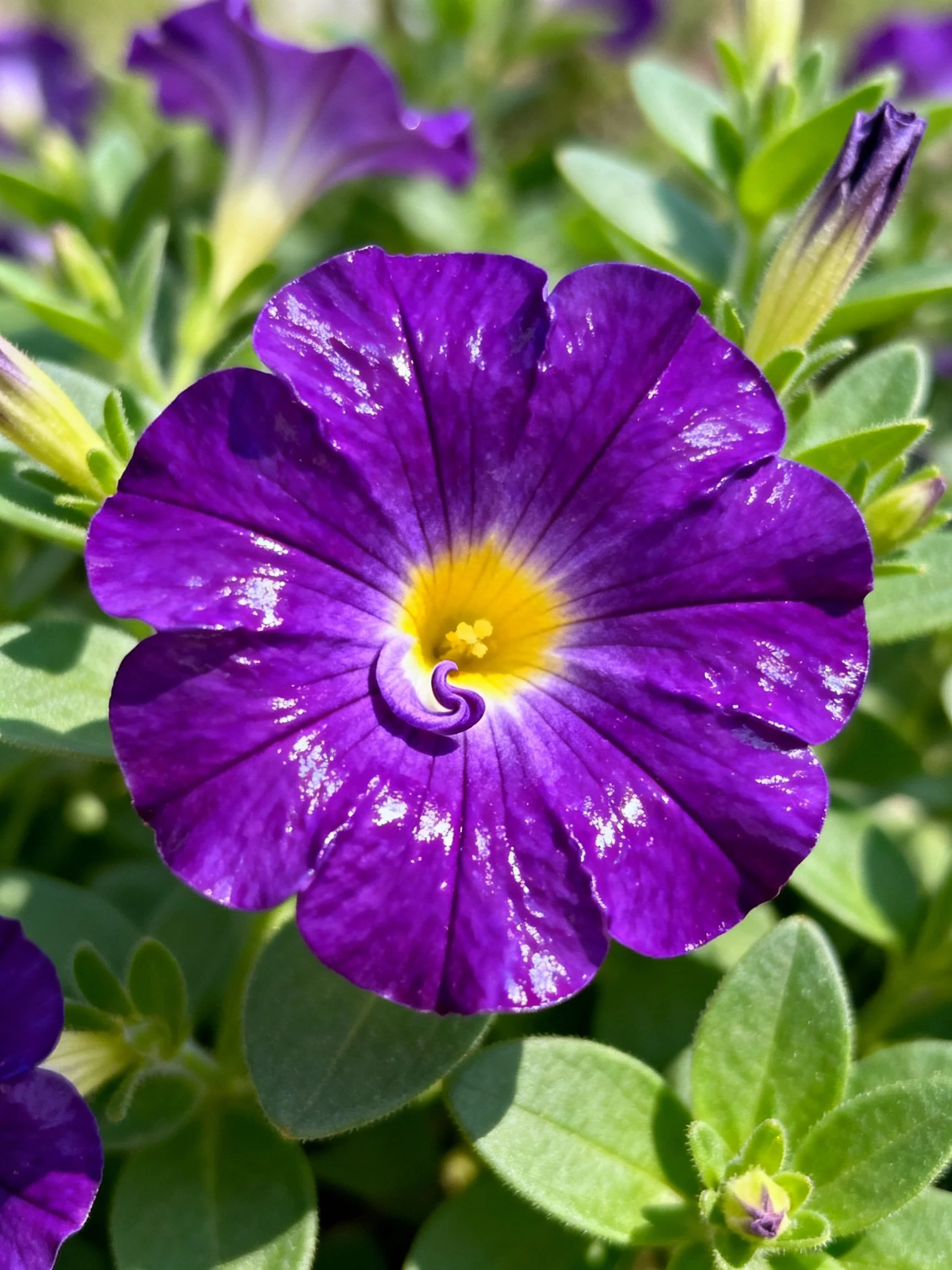 A vibrant purple petunia with yellow center amid lush green foliage