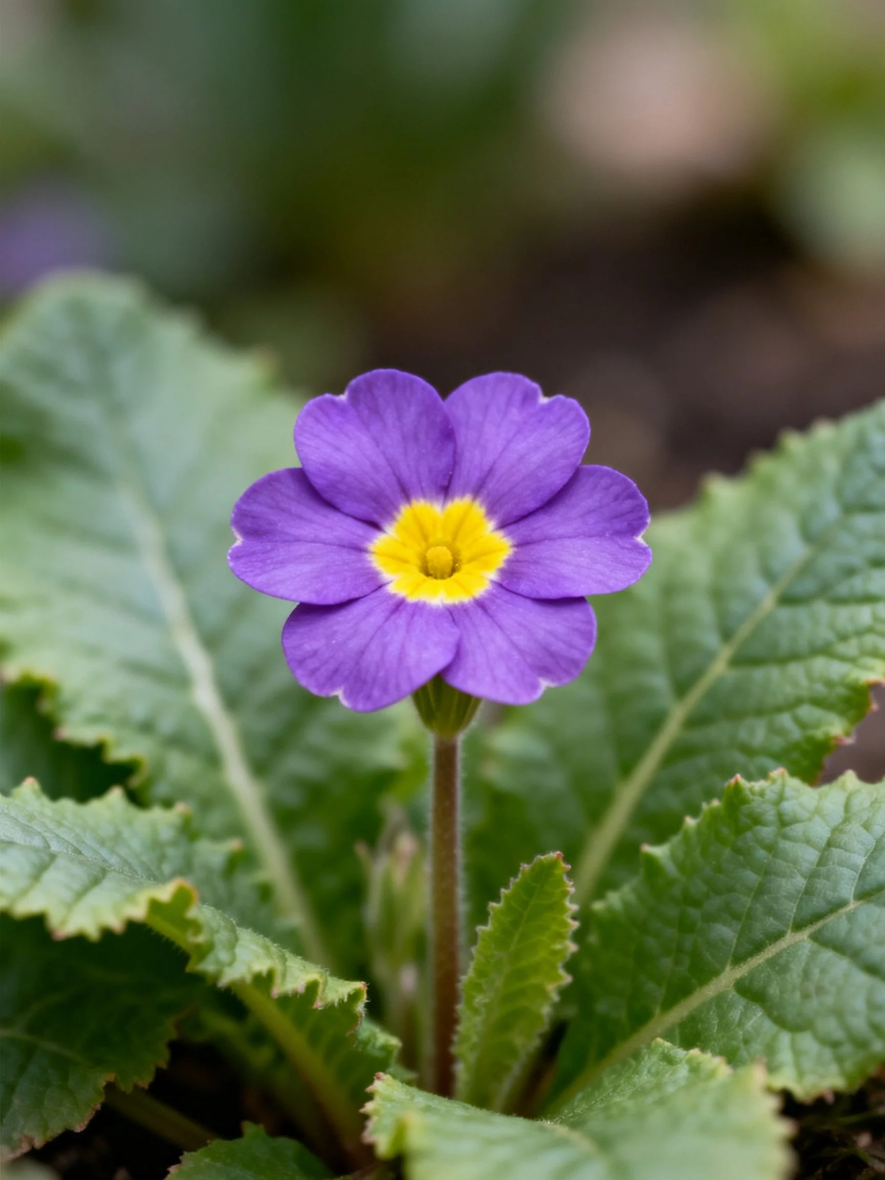 A vibrant purple primrose with yellow center amid textured green foliage