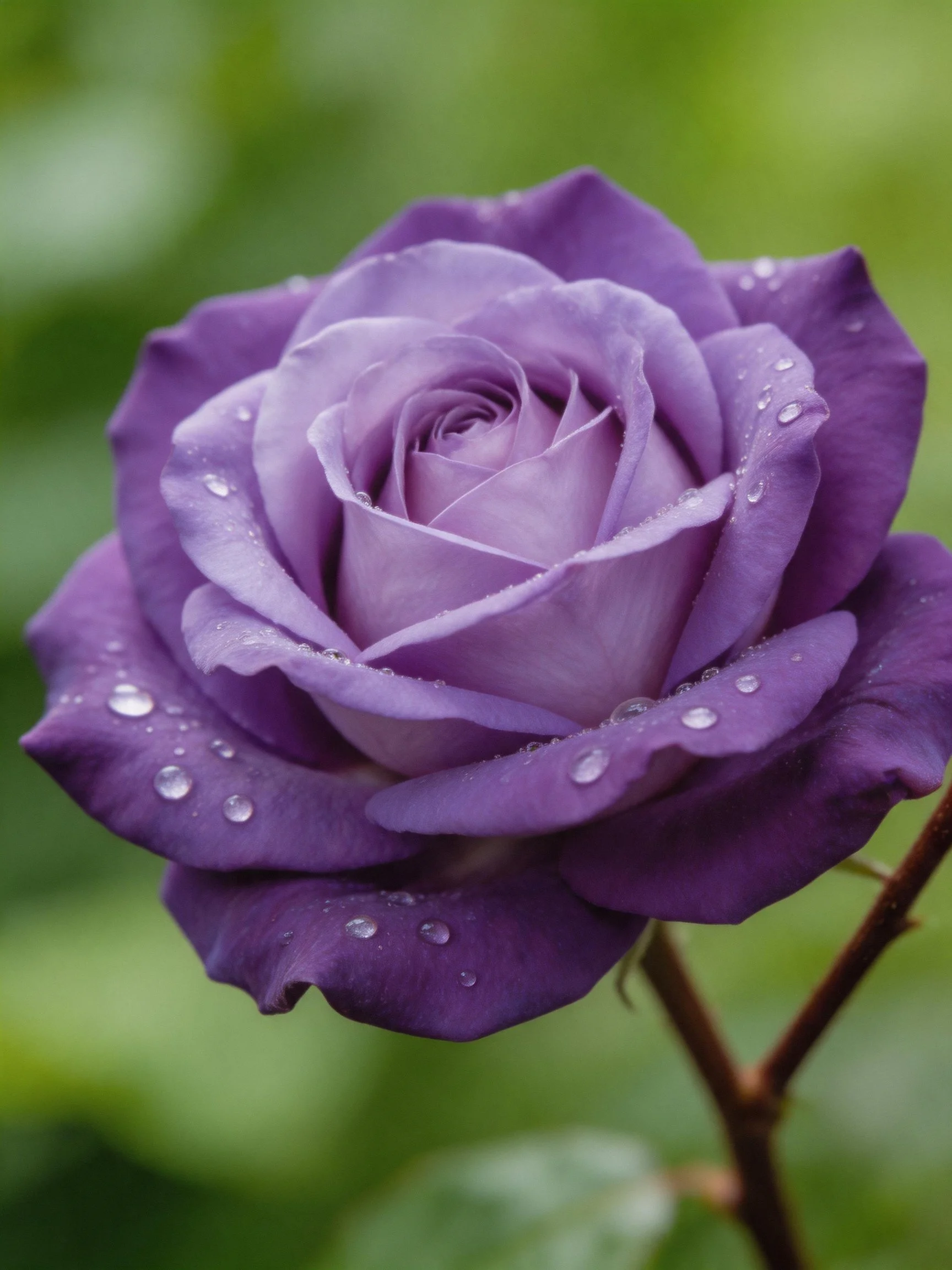 A vibrant purple rose adorned with dewdrops, set against a soft green backdrop