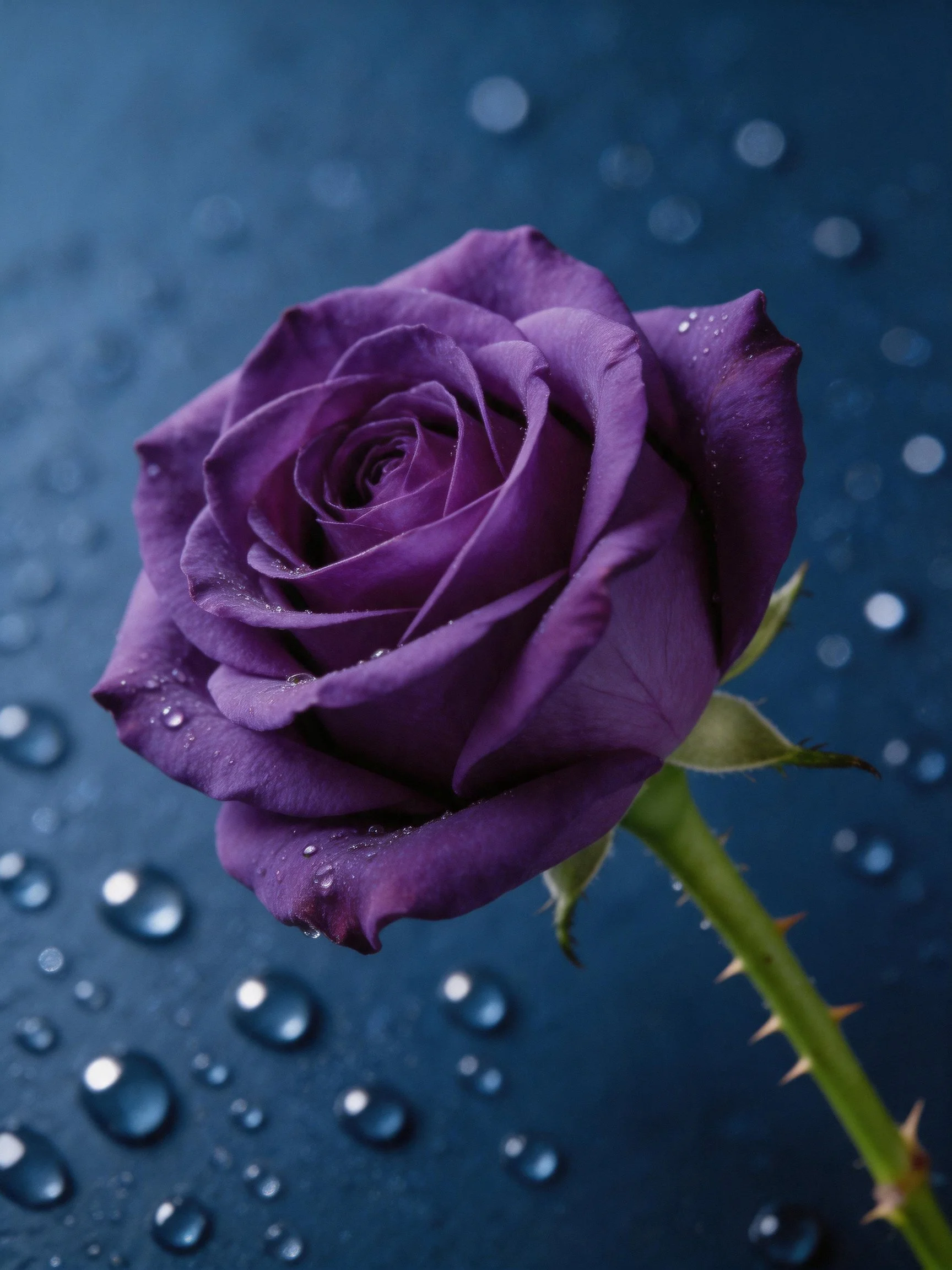 A vibrant purple rose with dew drops on a deep blue surface