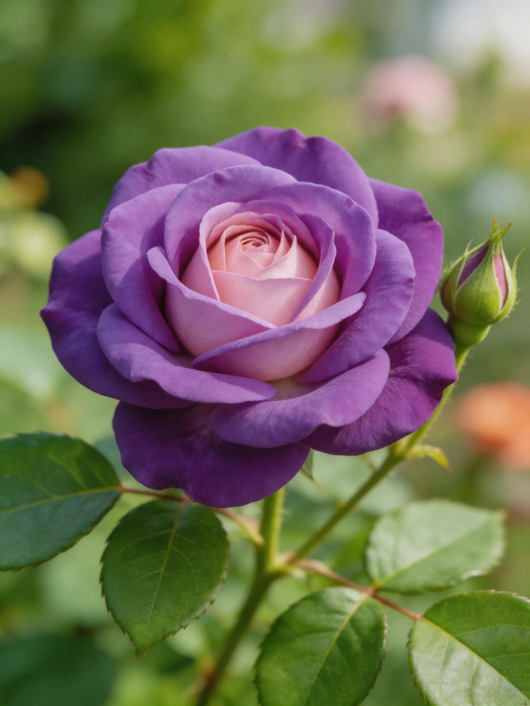 A vibrant purple rose with layered petals beside a green bud