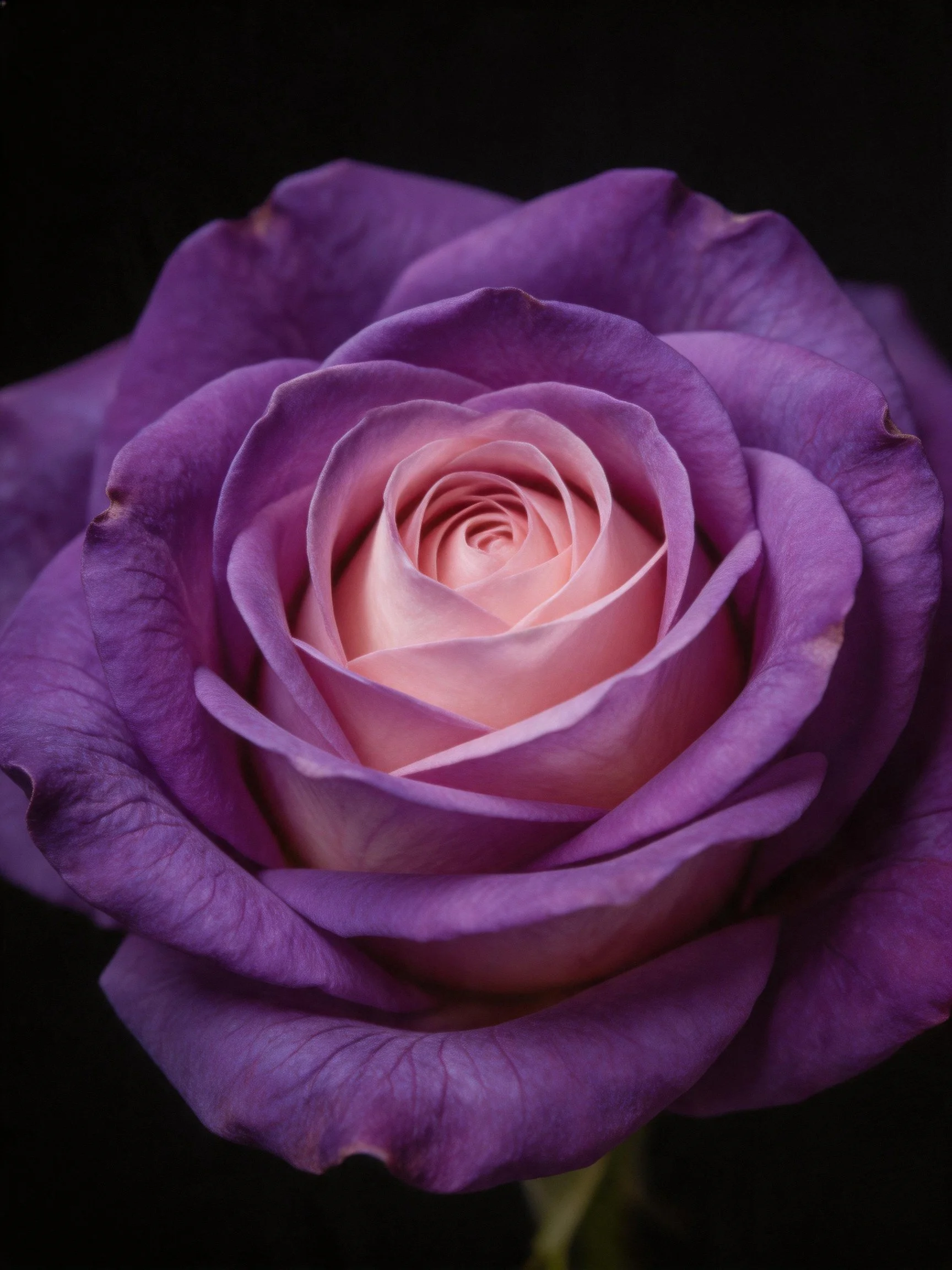 A vibrant purple rose with soft pink inner petals