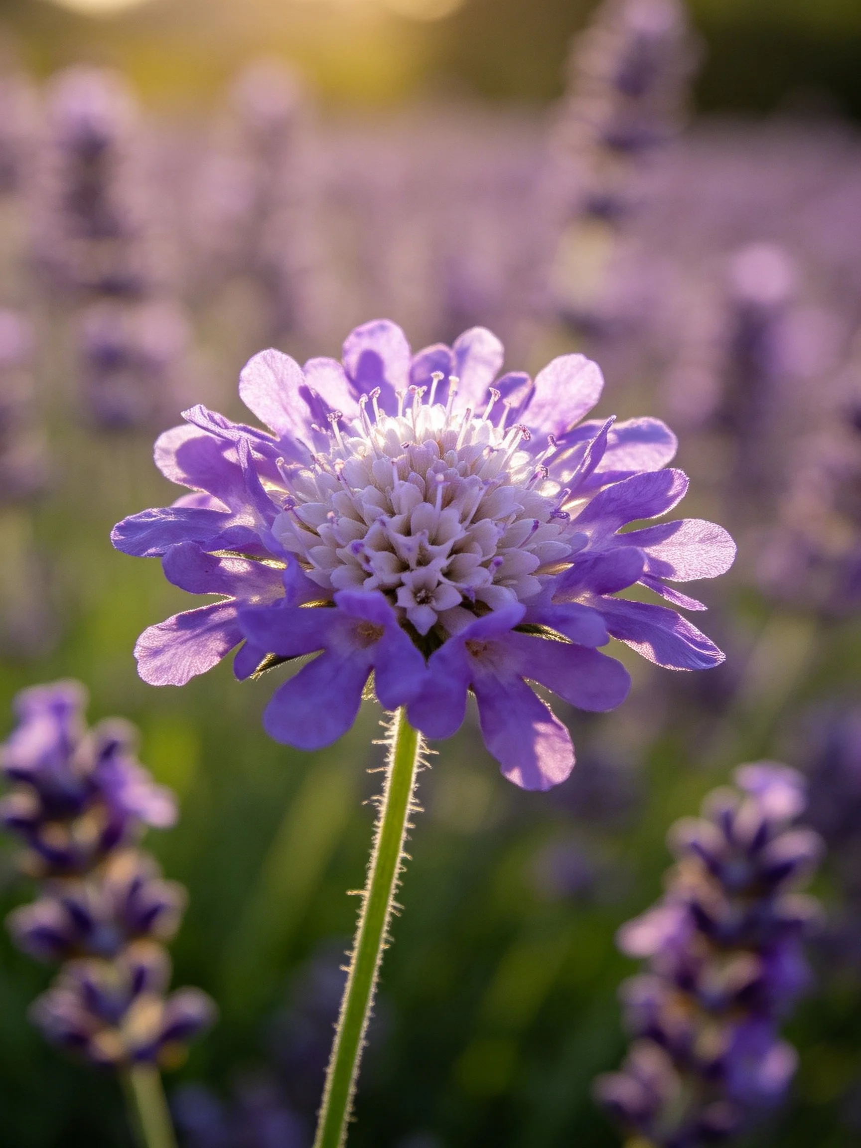 A vibrant purple scabiosa flower centered amid blurred lavender plants