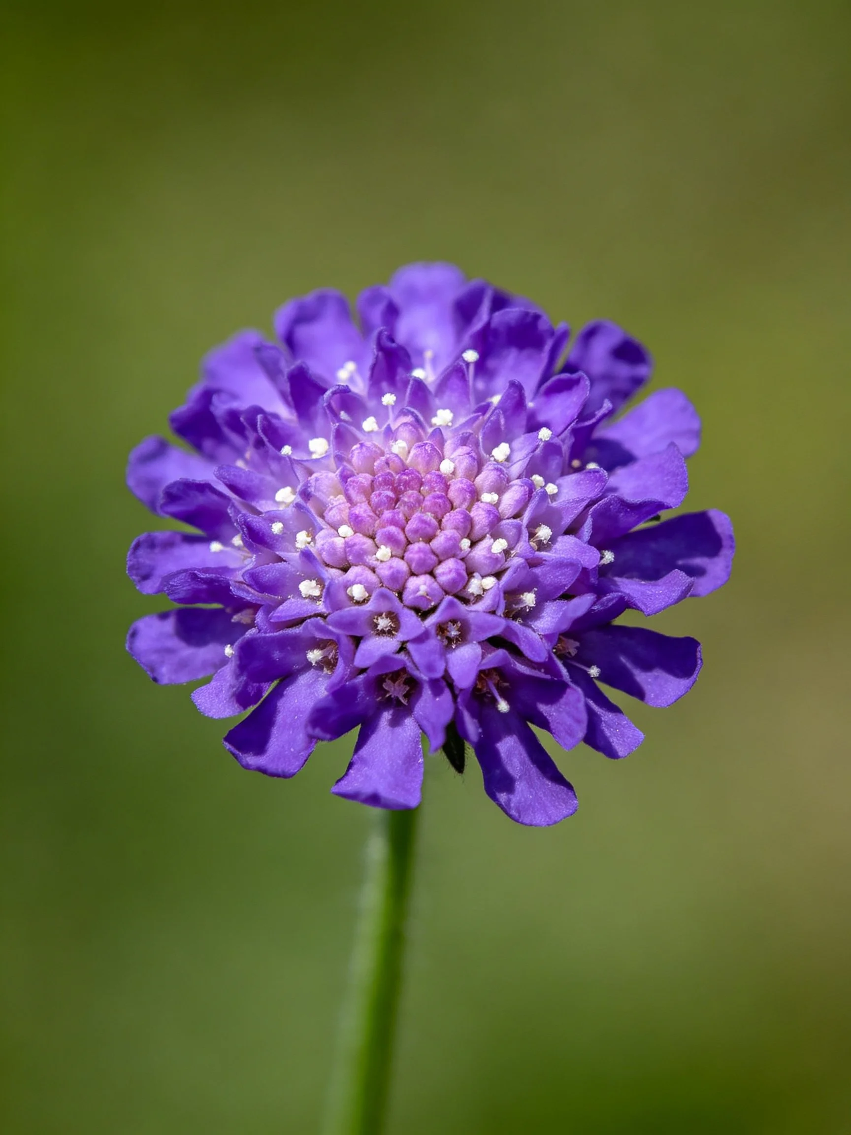 A vibrant purple scabiosa flower with a green stem