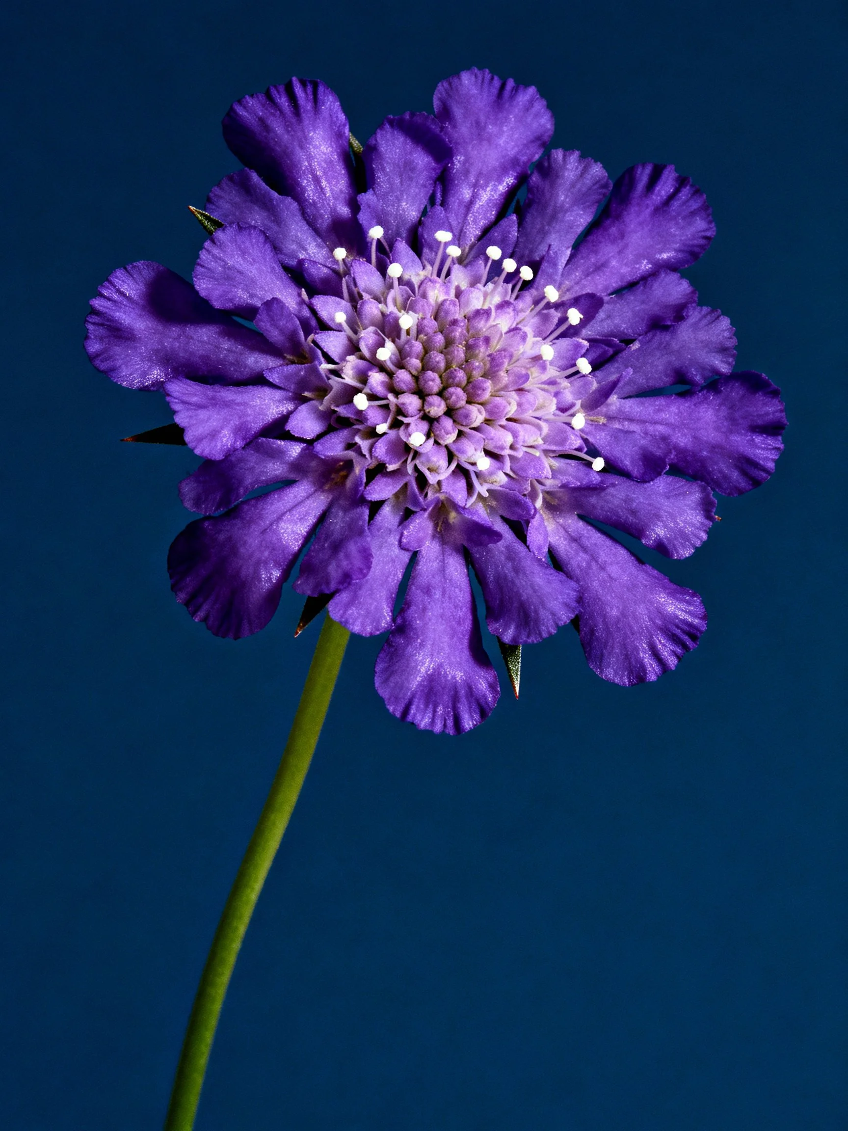 A vibrant purple scabiosa flower with a slender green stem on a deep blue backdrop.