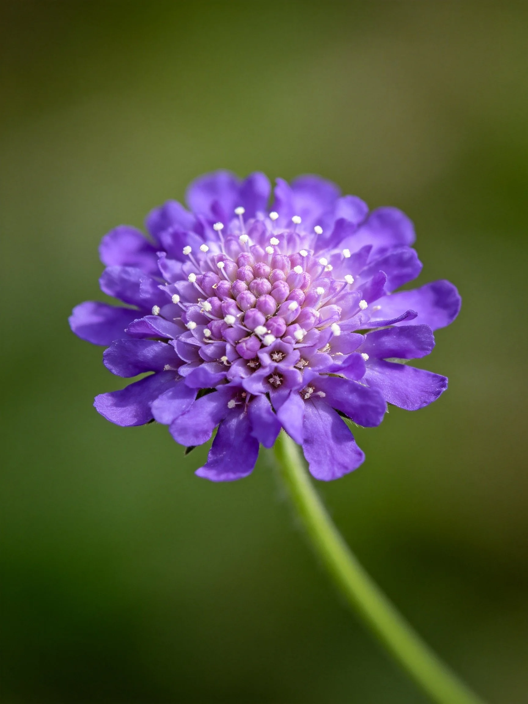 A vibrant purple scabious flower with white stamens