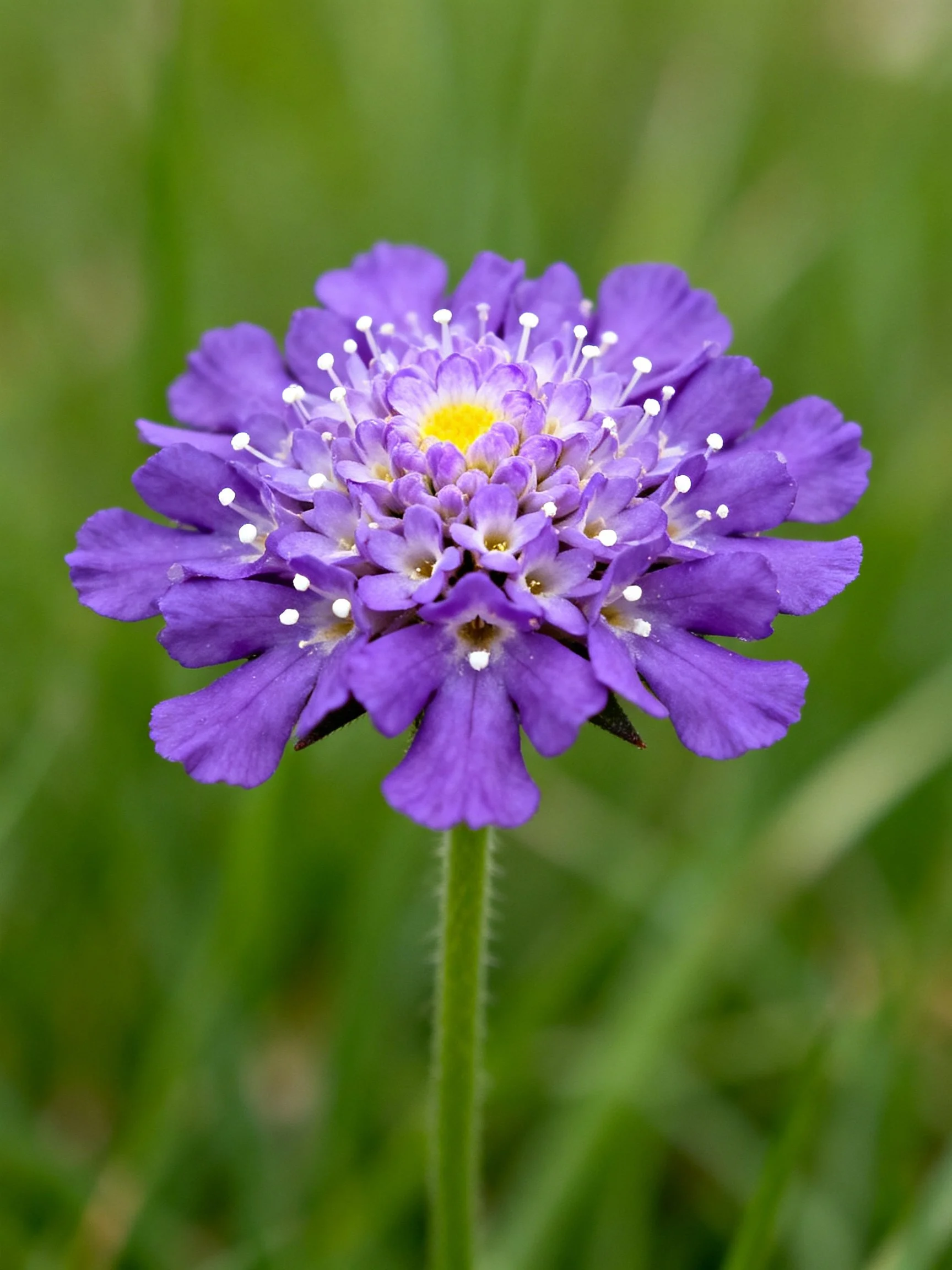 A vibrant purple scabious flower with yellow center